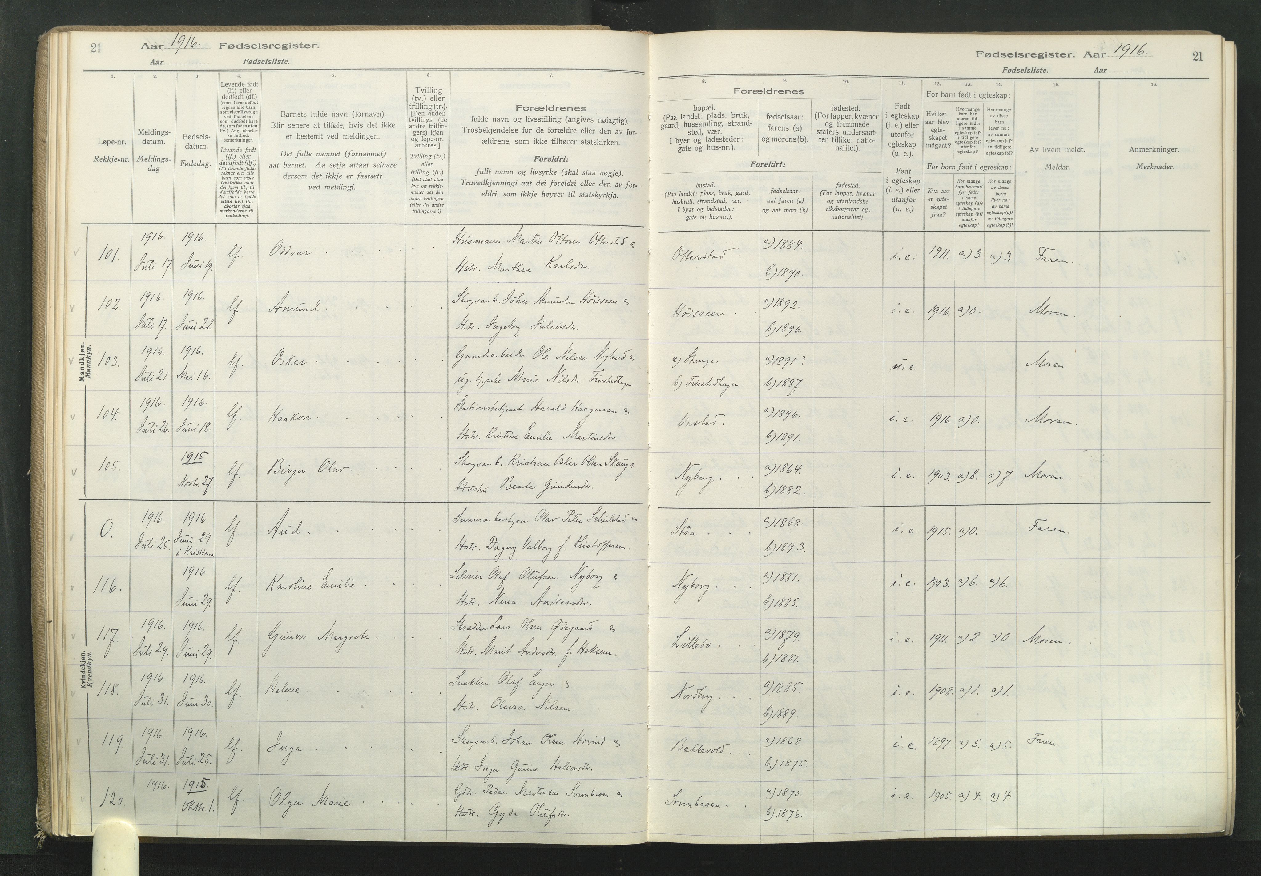Elverum prestekontor, AV/SAH-PREST-044/I/Id/L0001: Fødselsregister nr. 1, 1916-1921