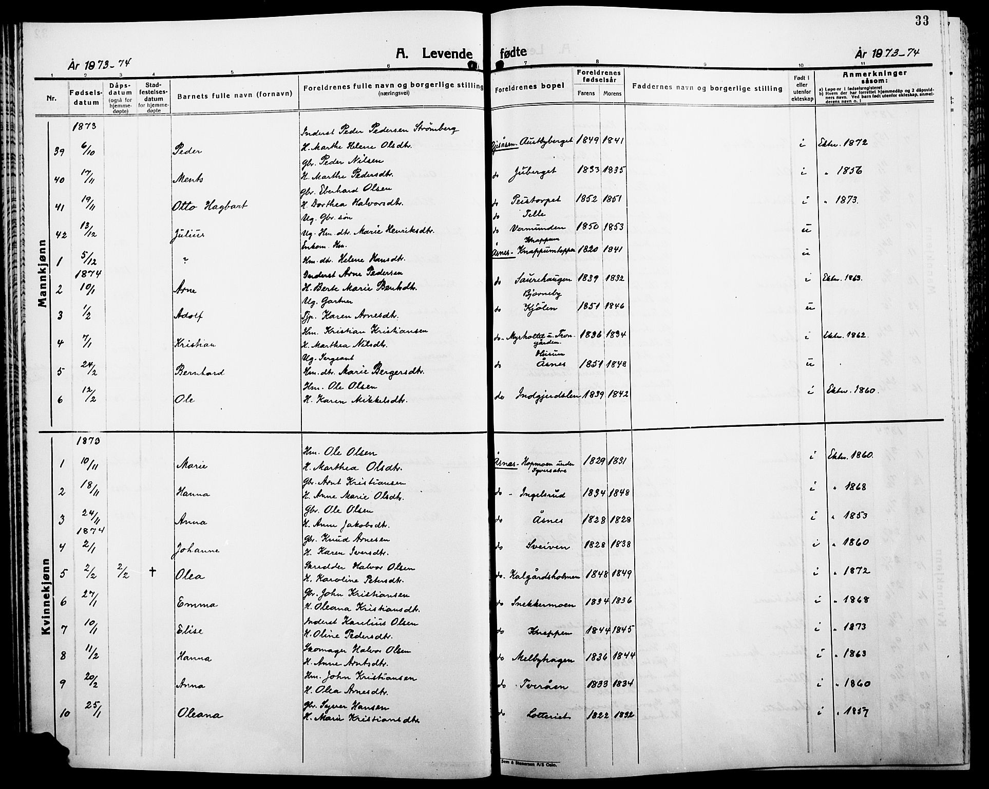 Åsnes prestekontor, SAH/PREST-042/H/Ha/Haa/L0000B: Ministerialbok, 1870-1889, s. 33