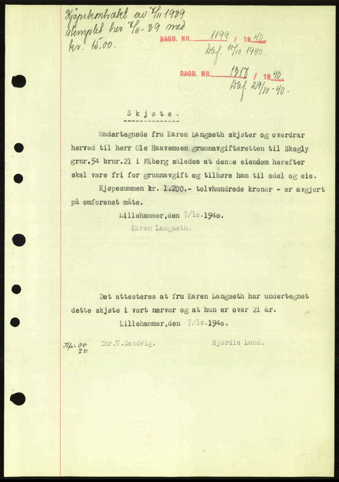 Sør-Gudbrandsdal tingrett, SAH/TING-004/H/Hb/Hbd/L0008: Pantebok nr. A8, 1940-1941, Dagboknr: 1317/1940