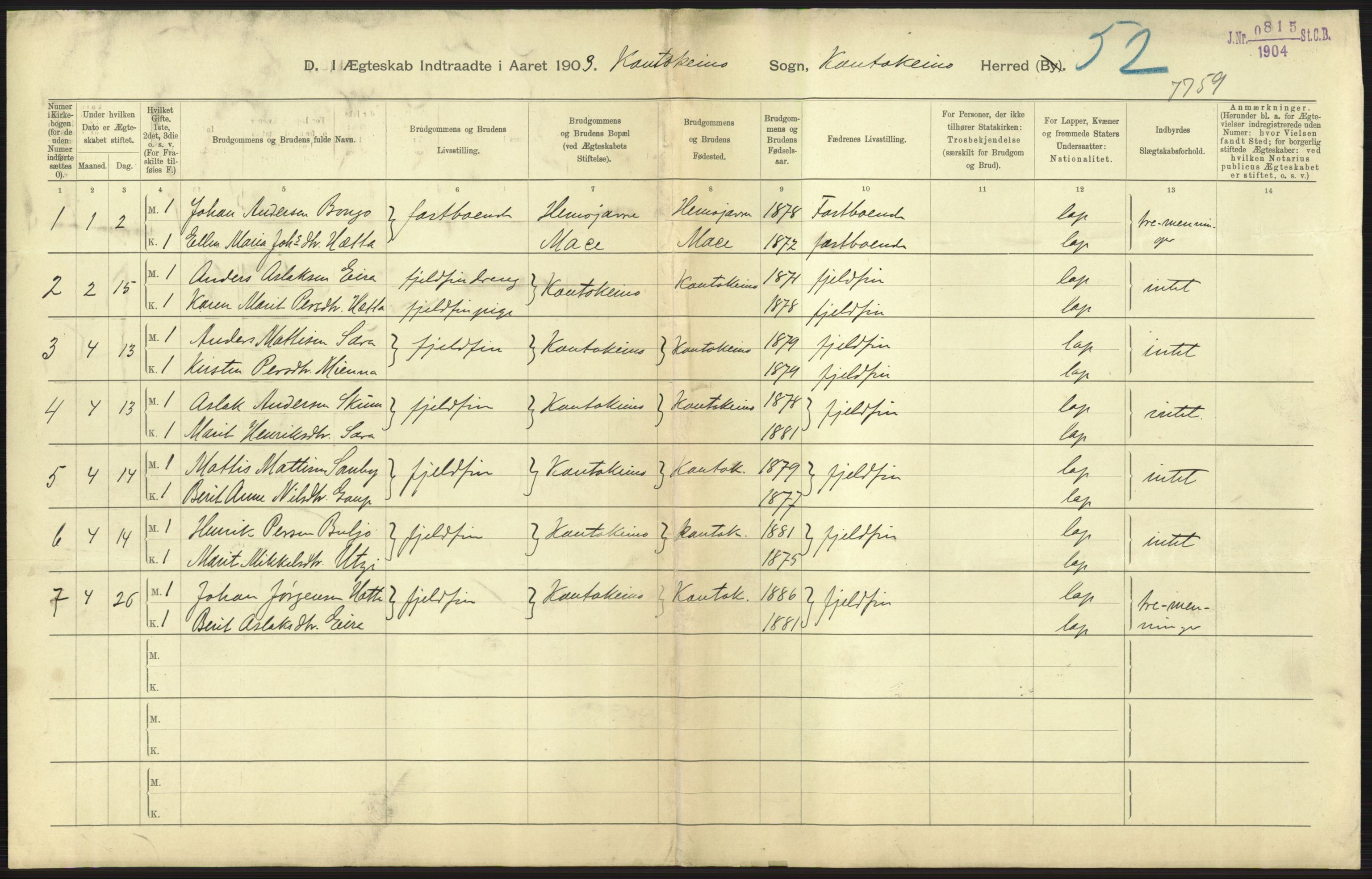 Statistisk sentralbyrå, Sosiodemografiske emner, Befolkning, RA/S-2228/D/Df/Dfa/Dfaa/L0022: Finnmarkens amt: Fødte, gifte, døde., 1903, s. 155