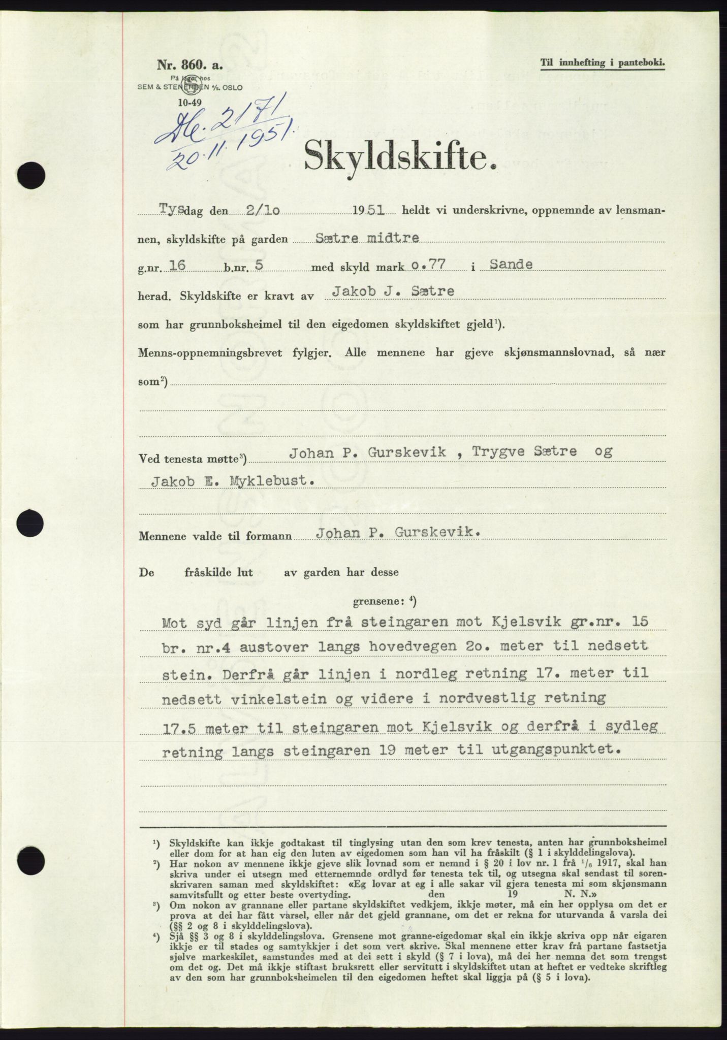 Søre Sunnmøre sorenskriveri, AV/SAT-A-4122/1/2/2C/L0090: Pantebok nr. 16A, 1951-1951, Dagboknr: 2171/1951