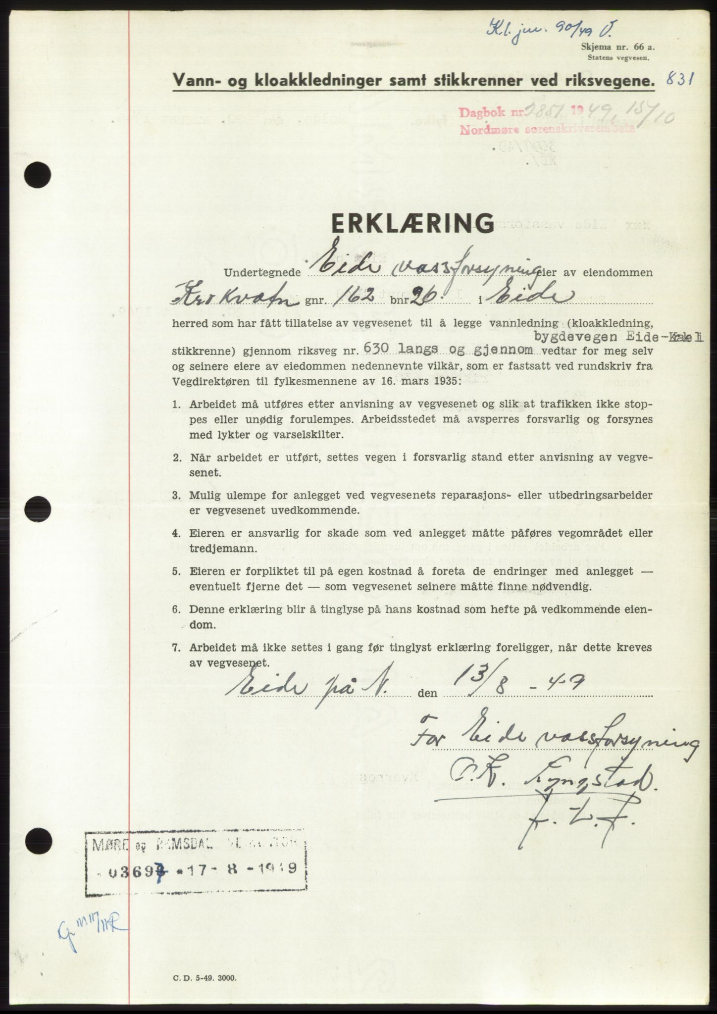 Nordmøre sorenskriveri, SAT/A-4132/1/2/2Ca: Pantebok nr. B102, 1949-1949, Dagboknr: 2851/1949