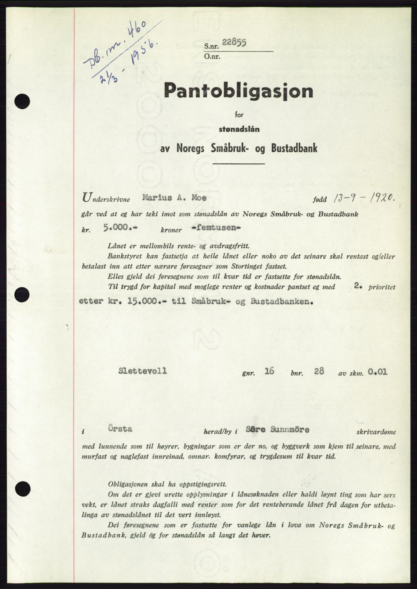 Søre Sunnmøre sorenskriveri, SAT/A-4122/1/2/2C/L0128: Pantebok nr. 16B, 1956-1956, Dagboknr: 460/1956