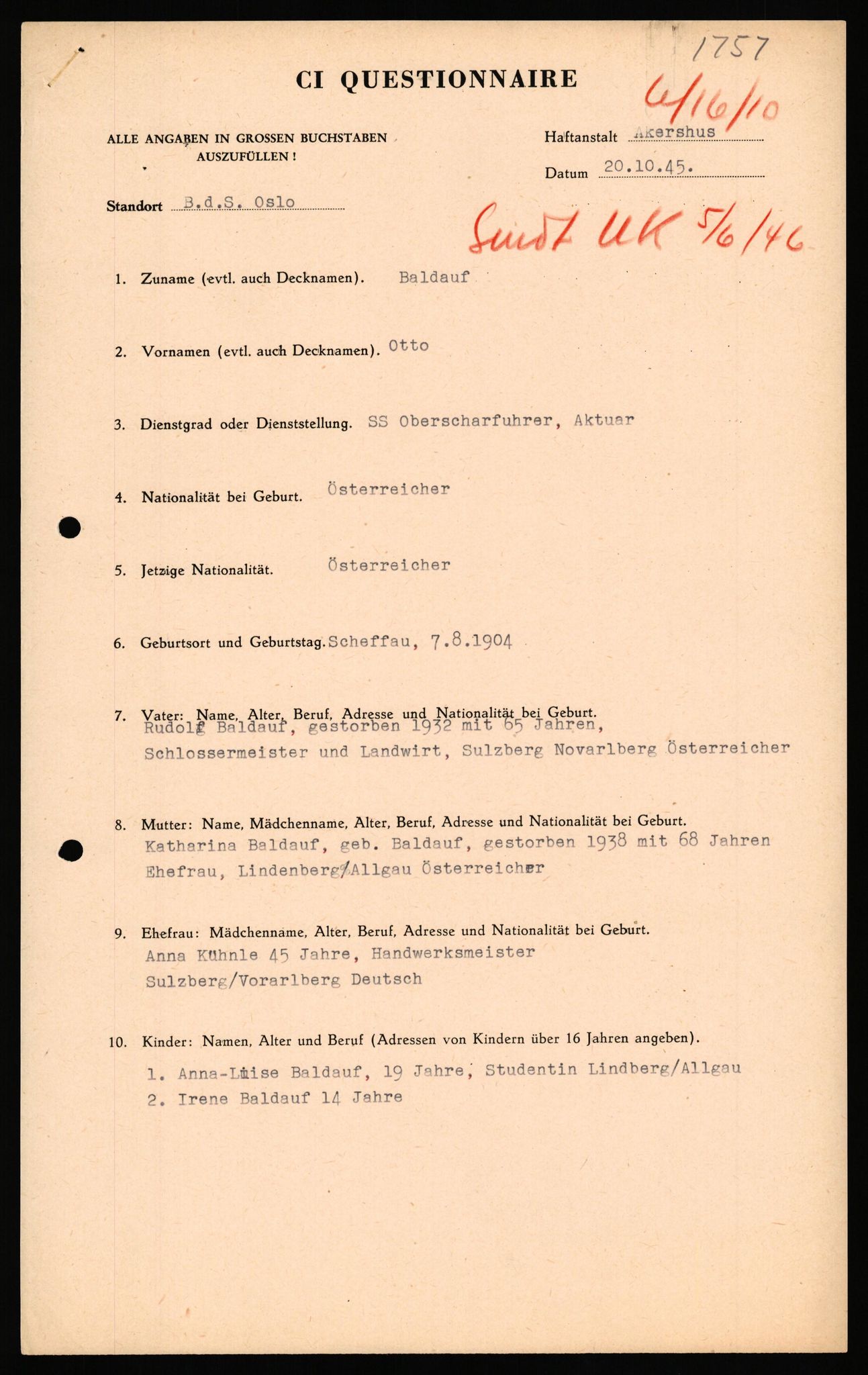 Forsvaret, Forsvarets overkommando II, AV/RA-RAFA-3915/D/Db/L0038: CI Questionaires. Tyske okkupasjonsstyrker i Norge. Østerrikere., 1945-1946, s. 54