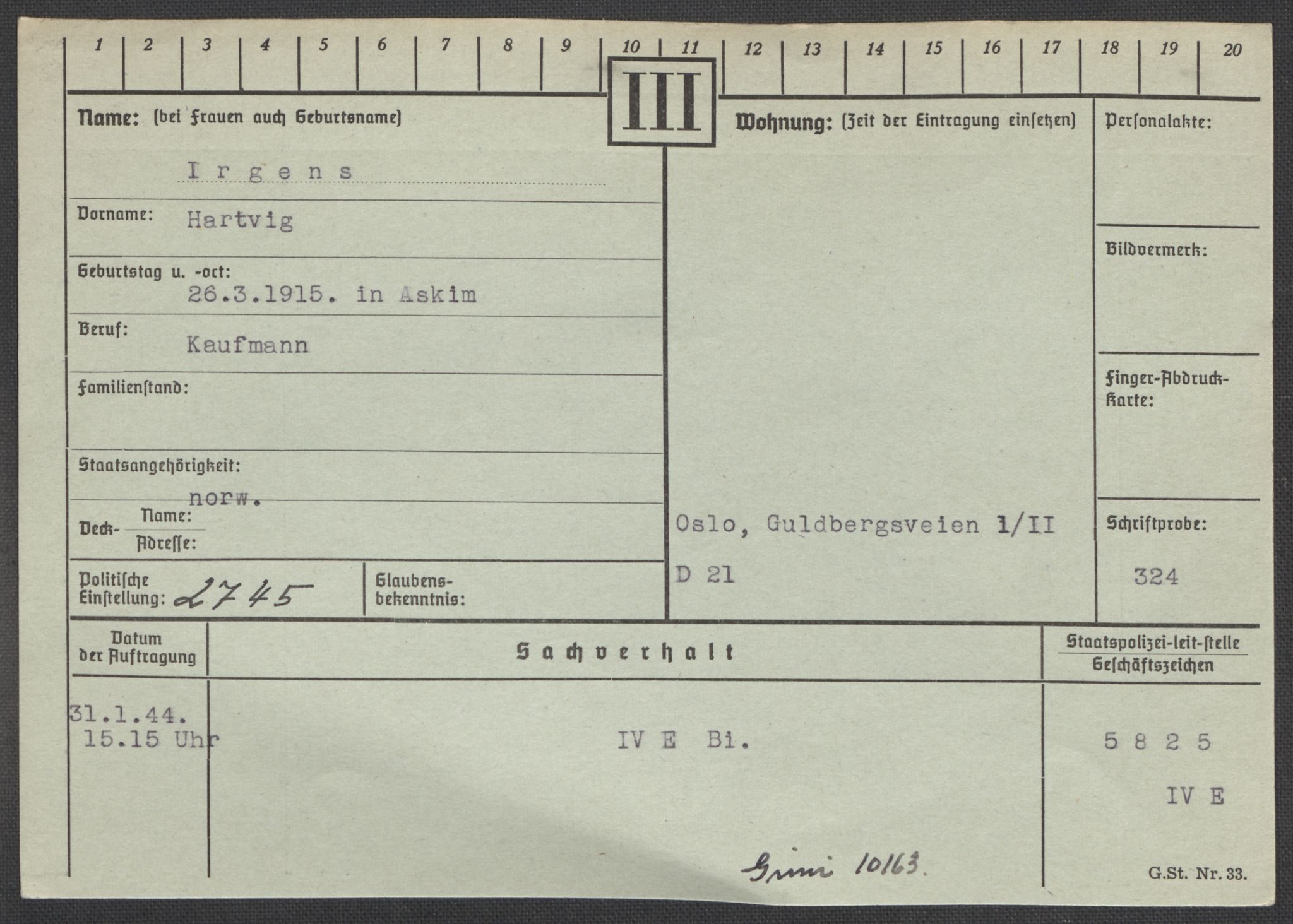 Befehlshaber der Sicherheitspolizei und des SD, AV/RA-RAFA-5969/E/Ea/Eaa/L0005: Register over norske fanger i Møllergata 19: Hø-Kj, 1940-1945, s. 175