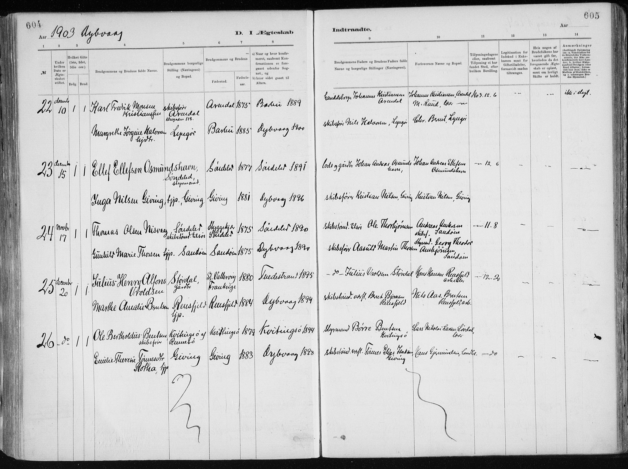 Dypvåg sokneprestkontor, AV/SAK-1111-0007/F/Fa/Faa/L0008: Ministerialbok nr. A 8, 1885-1906, s. 604-605