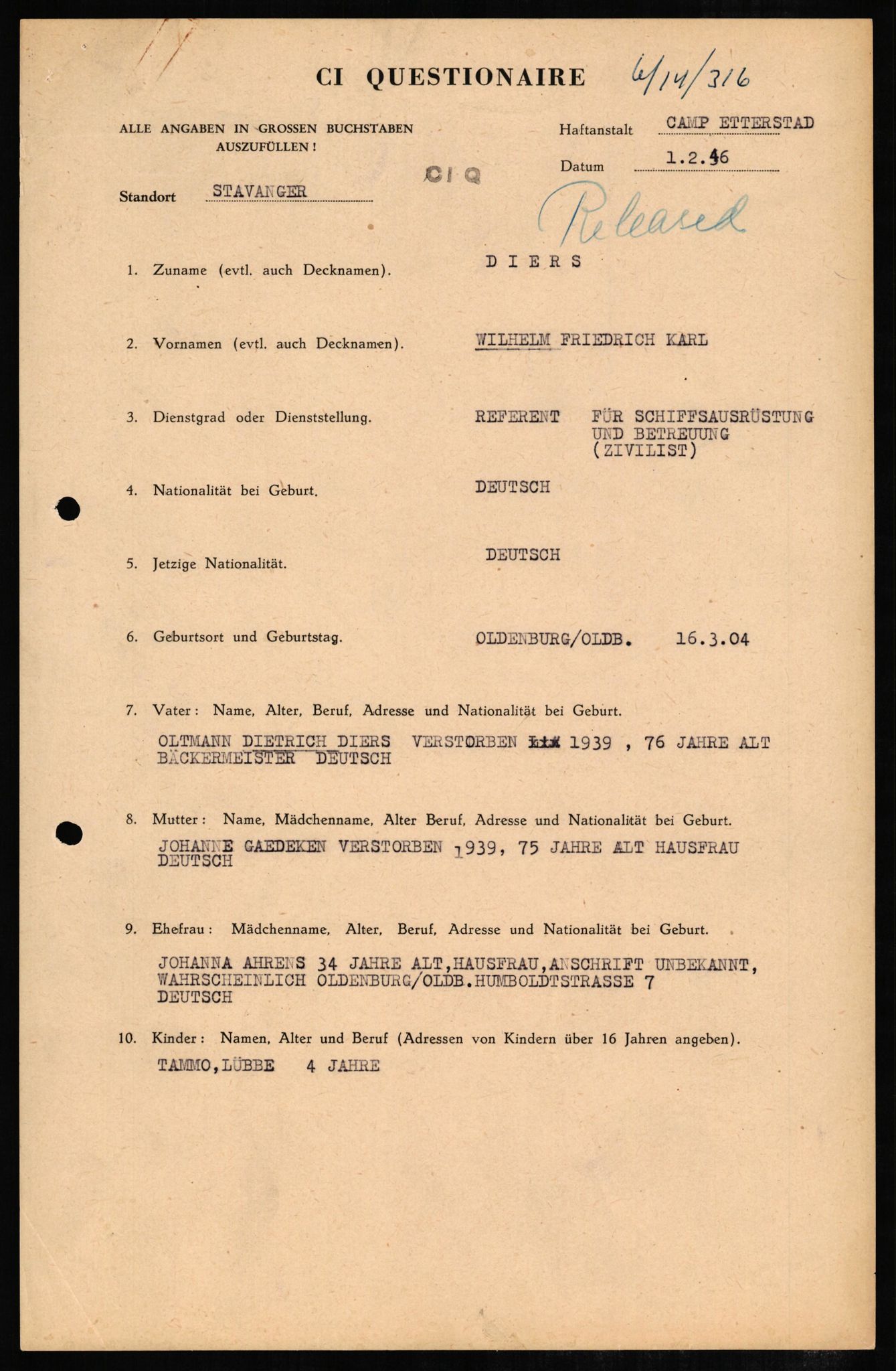 Forsvaret, Forsvarets overkommando II, AV/RA-RAFA-3915/D/Db/L0006: CI Questionaires. Tyske okkupasjonsstyrker i Norge. Tyskere., 1945-1946, s. 59