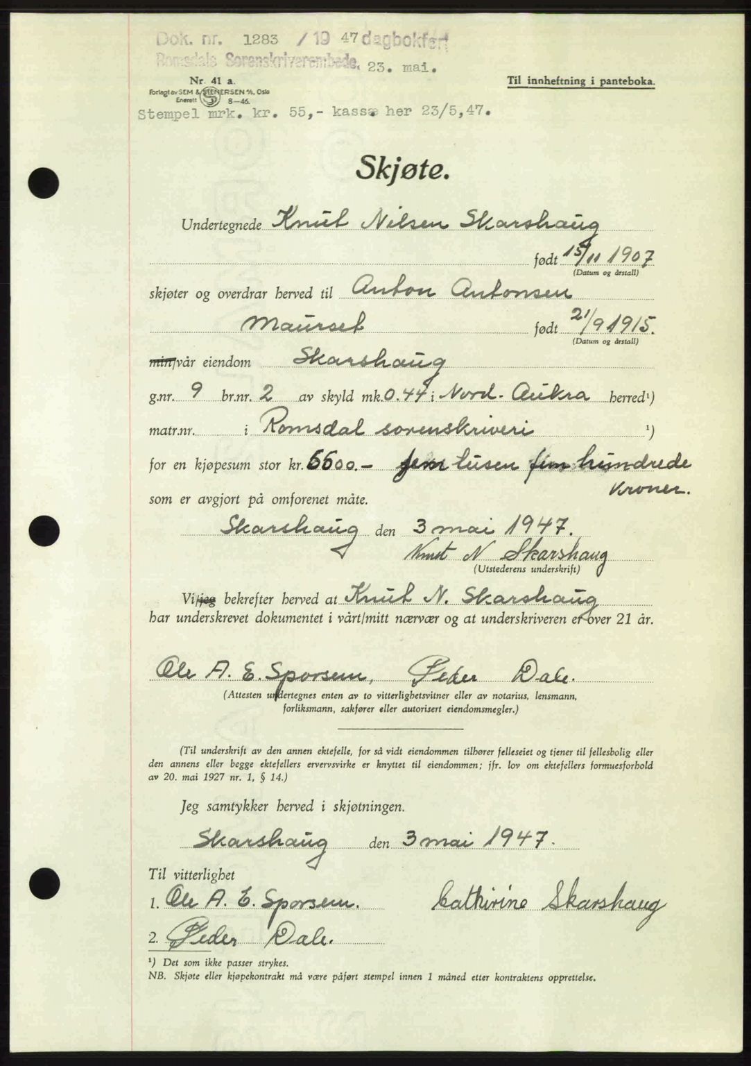 Romsdal sorenskriveri, AV/SAT-A-4149/1/2/2C: Pantebok nr. A23, 1947-1947, Dagboknr: 1283/1947