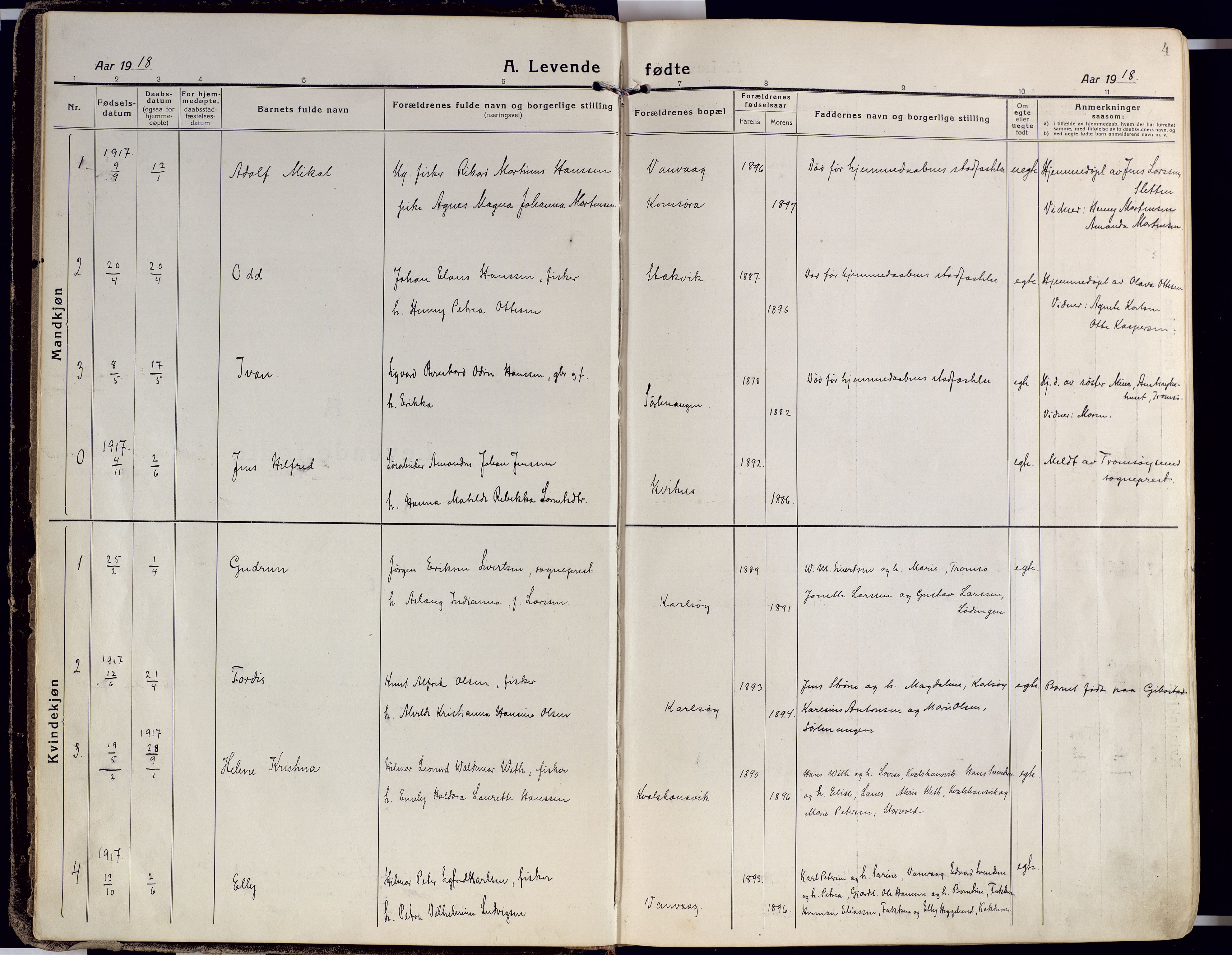 Karlsøy sokneprestembete, AV/SATØ-S-1299/H/Ha/Haa/L0015kirke: Ministerialbok nr. 15, 1918-1929, s. 4