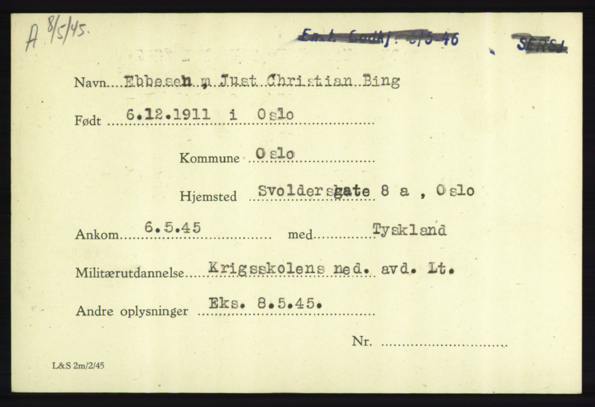 Forsvarets Overkommando. 2. kontor. Arkiv 8.1. Mottakersentralen FDE og FO.II, AV/RA-RAFA-6952/P/Pa/L0005a: Eagleson - Ericson, 1940-1945, s. 5