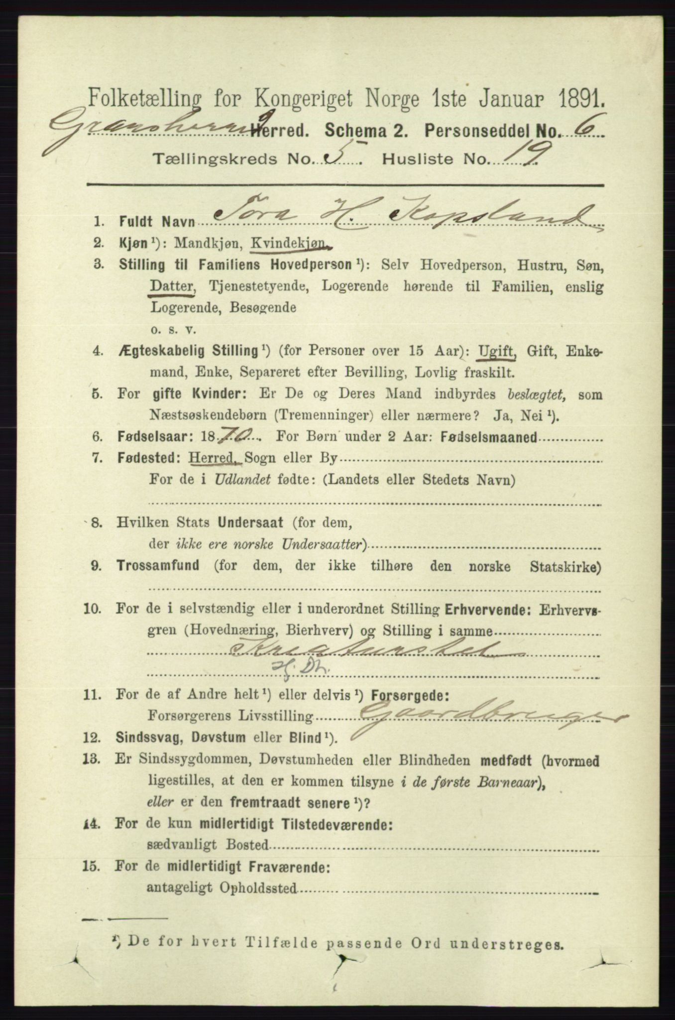 RA, Folketelling 1891 for 0824 Gransherad herred, 1891, s. 947