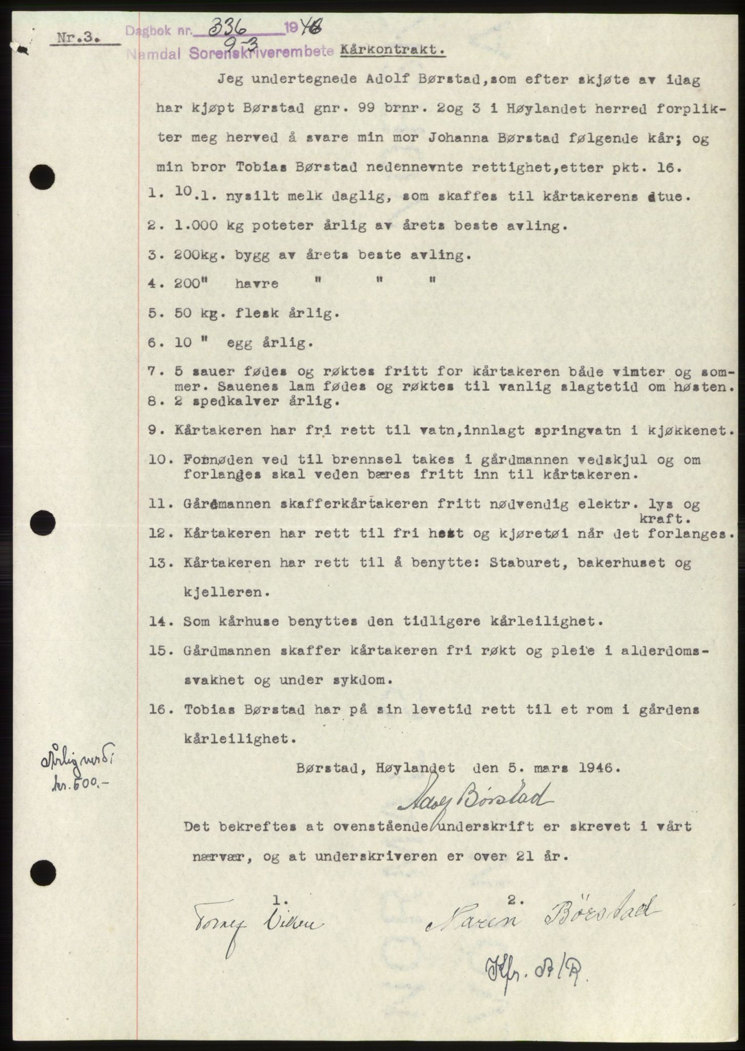 Namdal sorenskriveri, SAT/A-4133/1/2/2C: Pantebok nr. -, 1946-1946, Dagboknr: 336/1946
