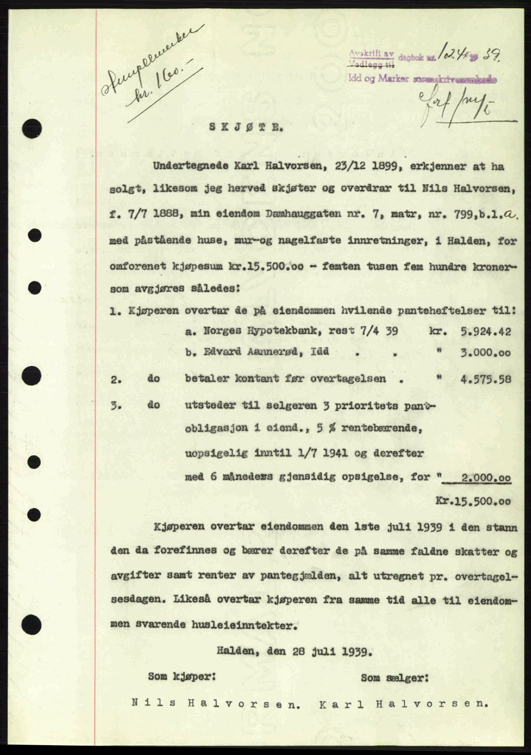 Idd og Marker sorenskriveri, AV/SAO-A-10283/G/Gb/Gbb/L0003: Pantebok nr. A3, 1938-1939, Dagboknr: 1024/1939