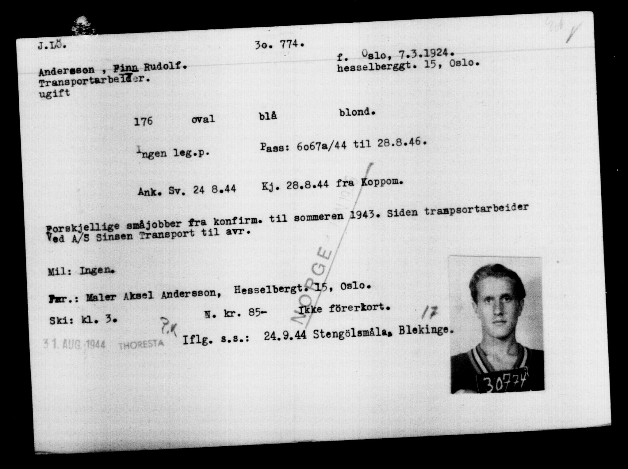 Utenriksstasjonene, Legasjonen i Stockholm, Flyktningkontoret, AV/RA-S-6753/V/Va/L0012: Kjesäterkartoteket, flyktninger med registreringsnr. 28300-31566, 1940-1945, s. 2693