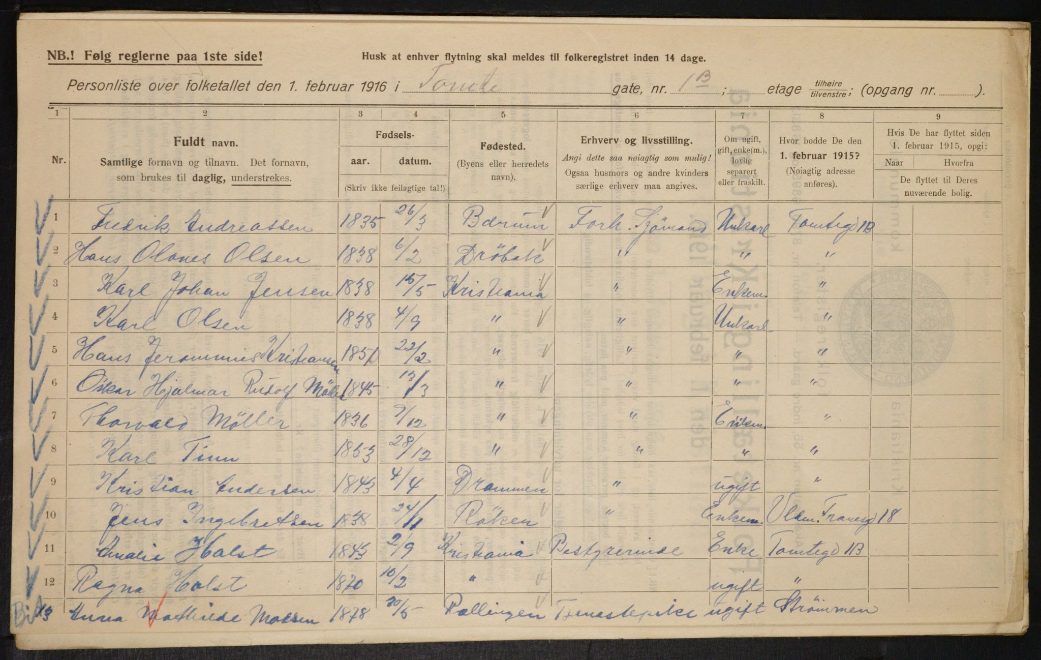 OBA, Kommunal folketelling 1.2.1916 for Kristiania, 1916, s. 116651