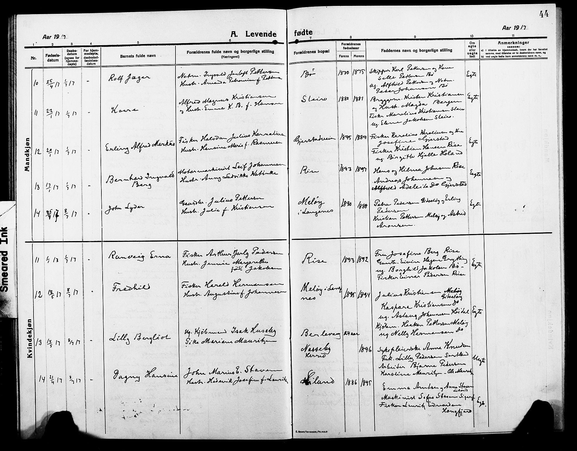 Ministerialprotokoller, klokkerbøker og fødselsregistre - Nordland, AV/SAT-A-1459/895/L1383: Klokkerbok nr. 895C05, 1913-1922, s. 44