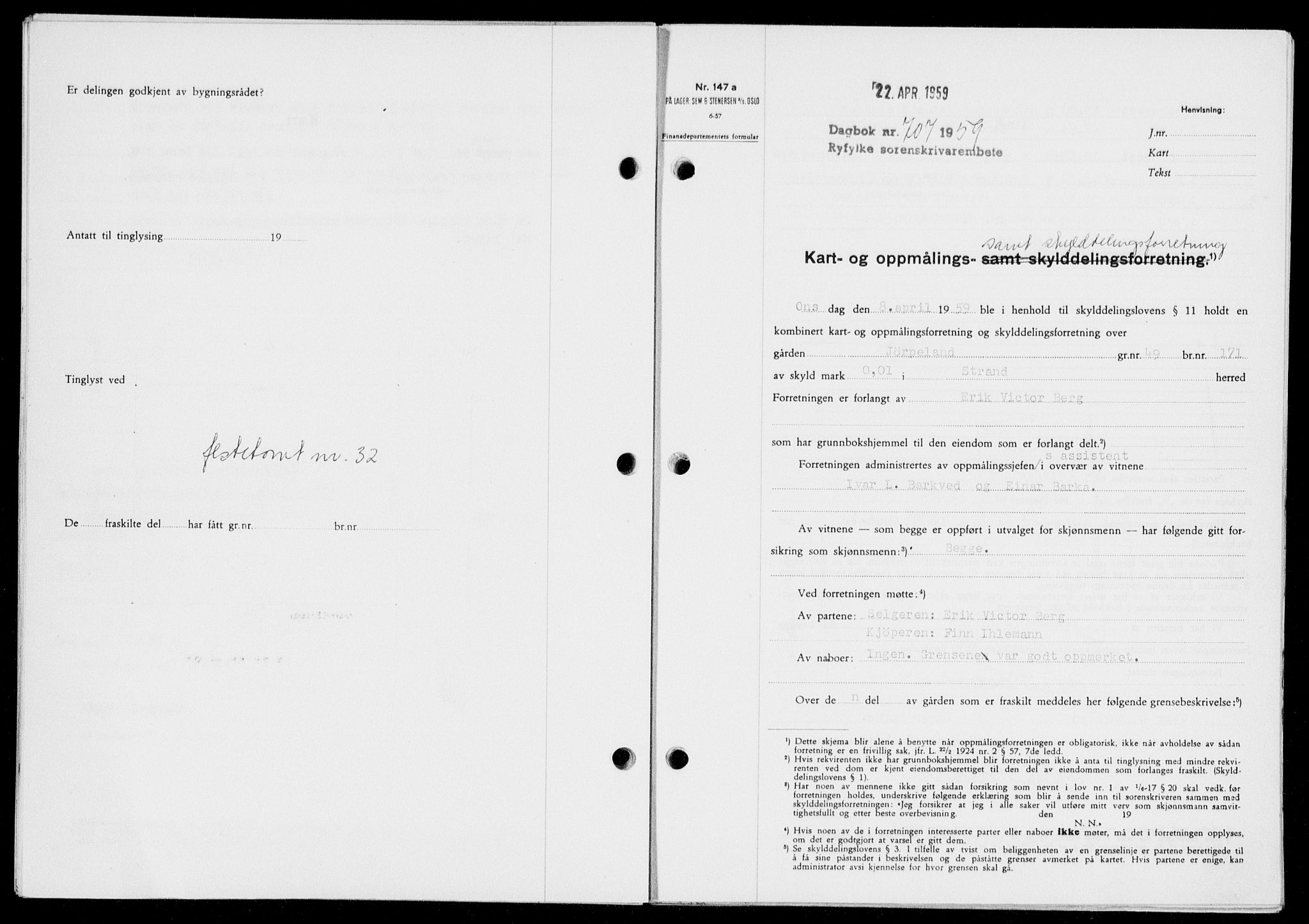 Ryfylke tingrett, SAST/A-100055/001/II/IIB/L0146: Pantebok nr. 125, 1965-1959, Dagboknr: 707/1959