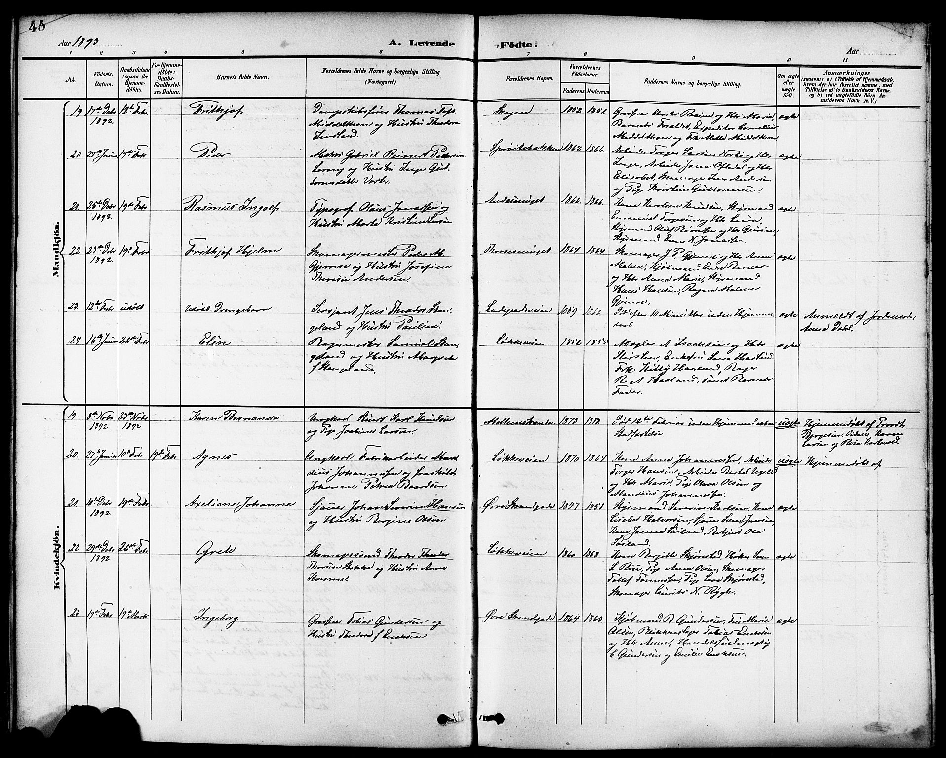 Domkirken sokneprestkontor, AV/SAST-A-101812/001/30/30BB/L0016: Klokkerbok nr. B 16, 1891-1902, s. 45