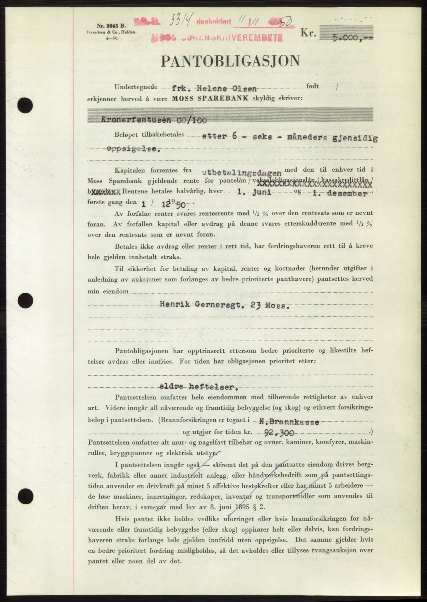 Moss sorenskriveri, SAO/A-10168: Pantebok nr. B25, 1950-1950, Dagboknr: 3314/1950