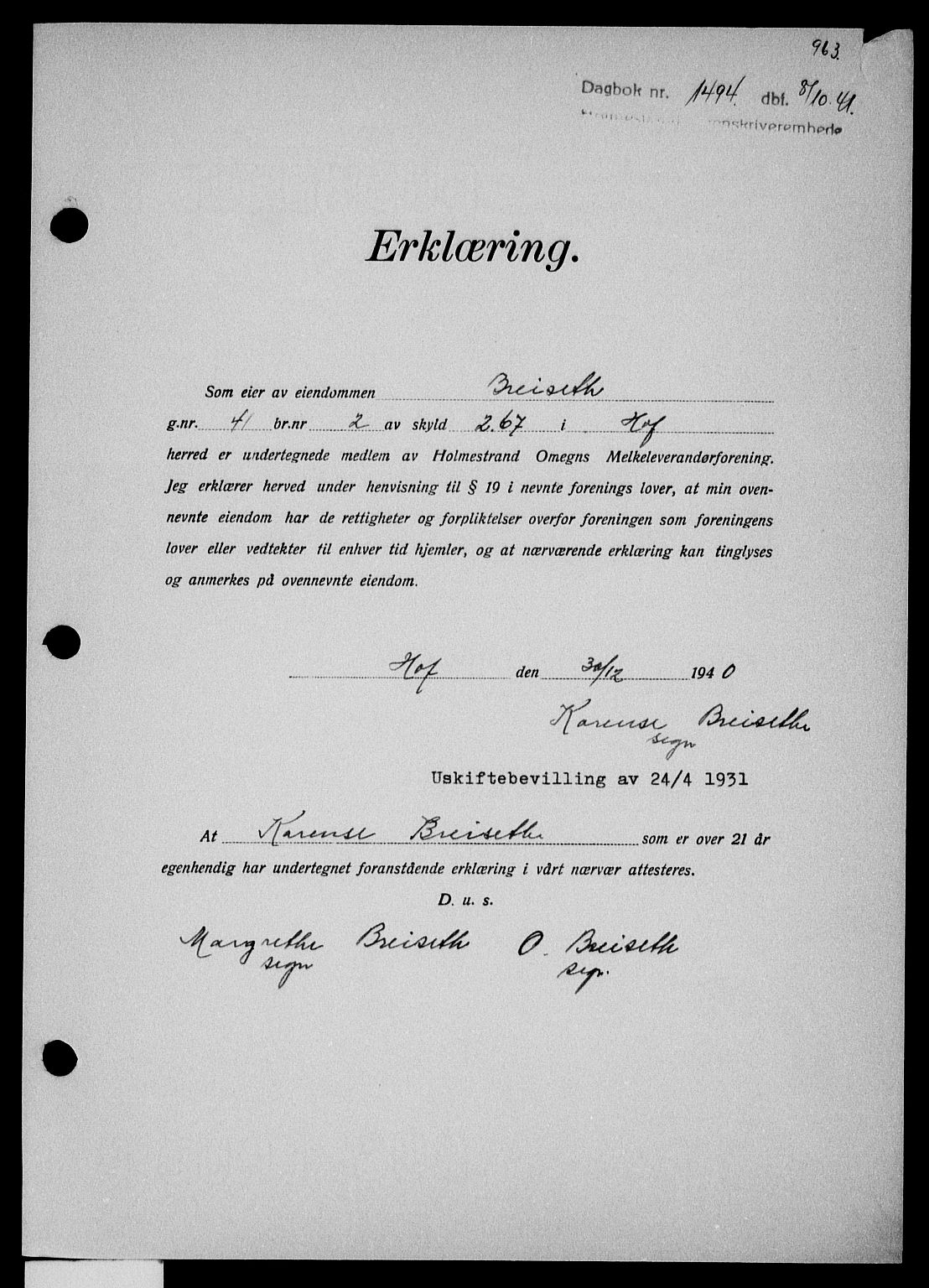 Holmestrand sorenskriveri, SAKO/A-67/G/Ga/Gaa/L0053: Pantebok nr. A-53, 1941-1941, Dagboknr: 1494/1941