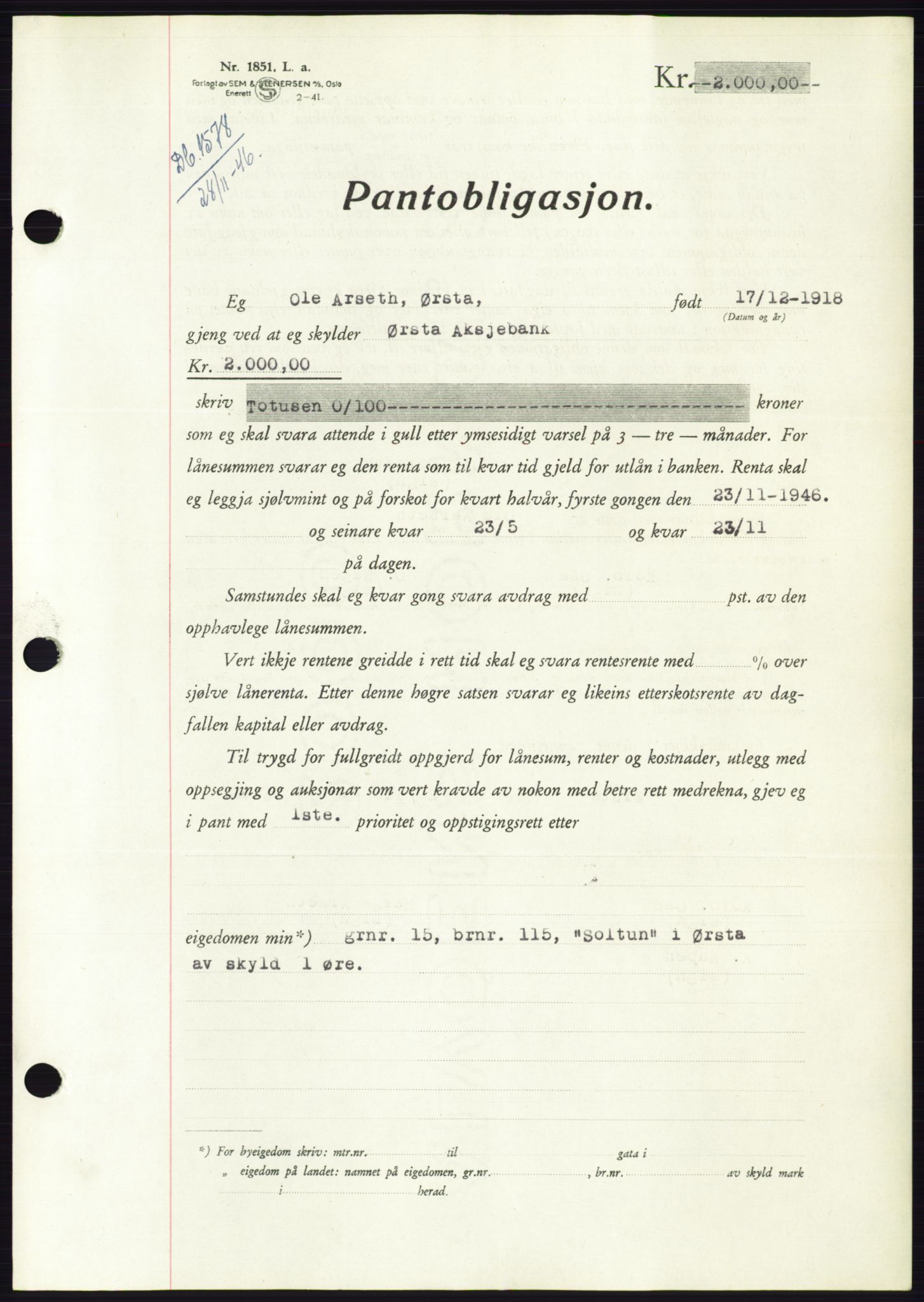 Søre Sunnmøre sorenskriveri, AV/SAT-A-4122/1/2/2C/L0114: Pantebok nr. 1-2B, 1943-1947, Dagboknr: 1578/1946