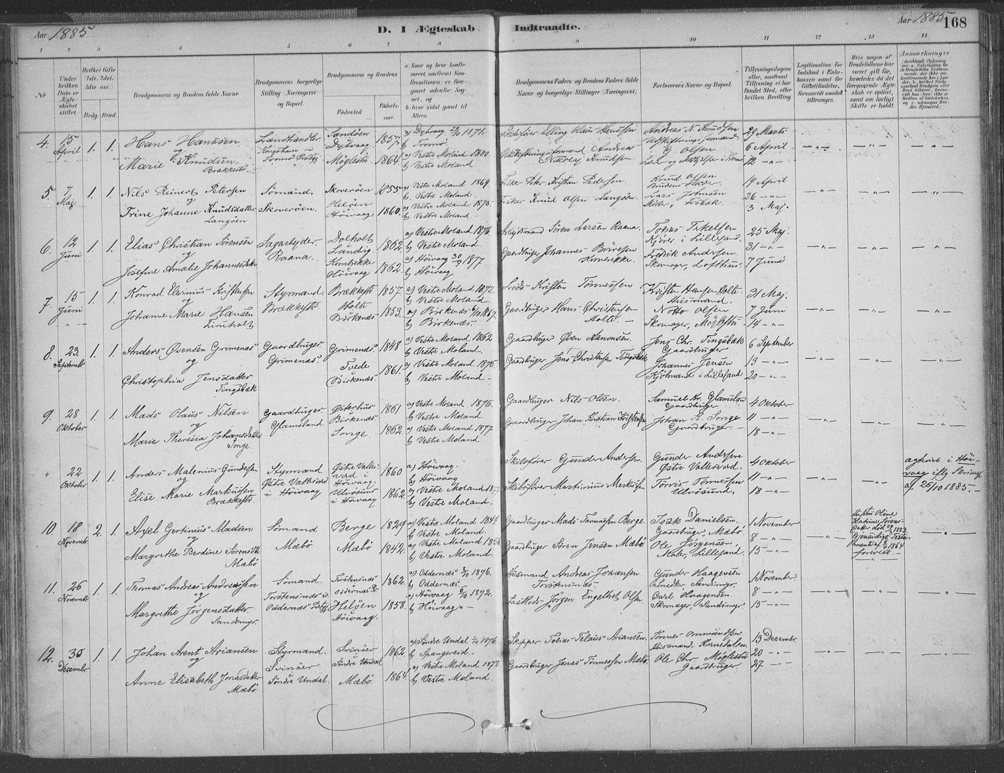 Vestre Moland sokneprestkontor, AV/SAK-1111-0046/F/Fa/Fab/L0009: Ministerialbok nr. A 9, 1884-1899, s. 168