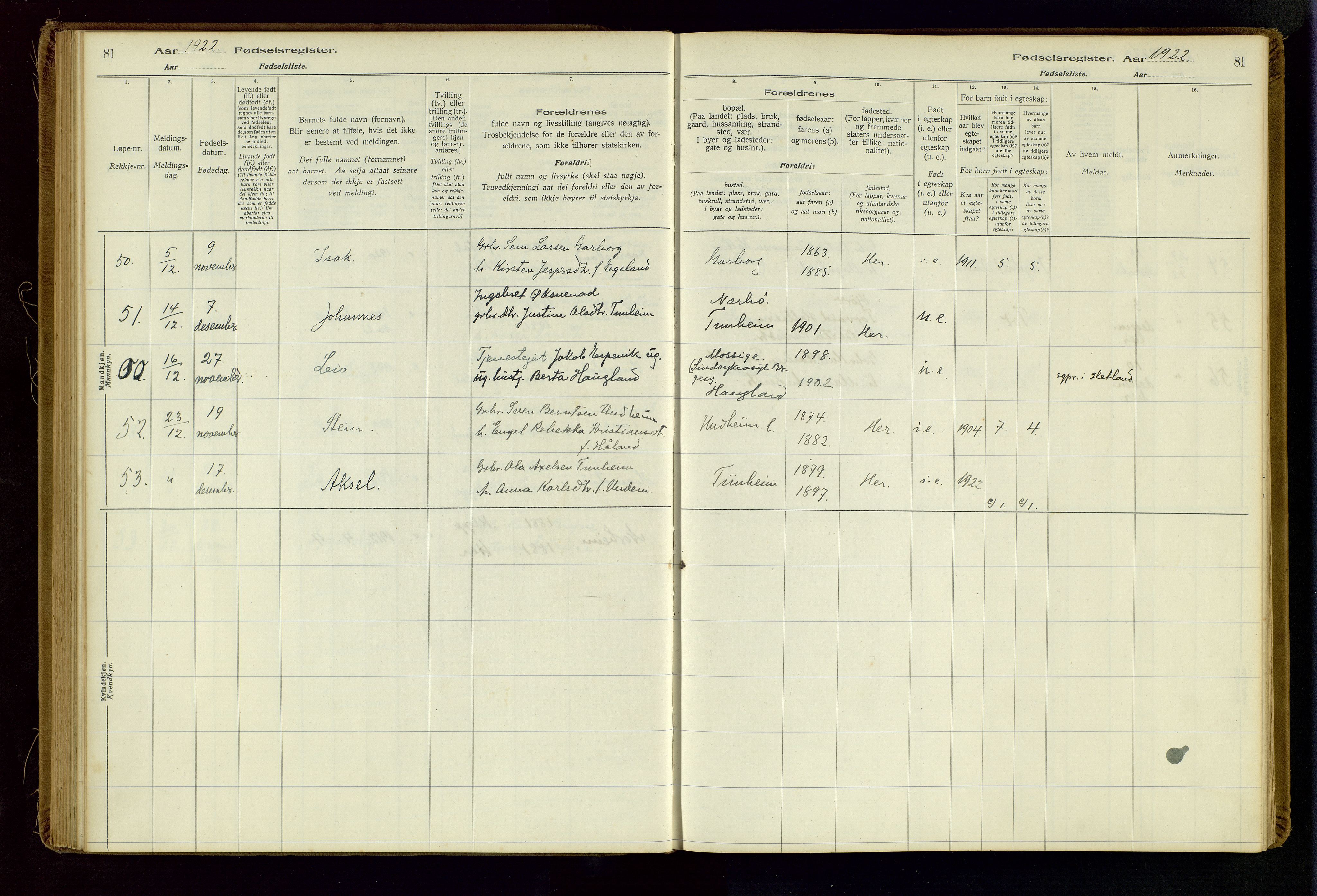 Time sokneprestkontor, AV/SAST-A-101795/001/704BA/L0001: Fødselsregister nr. 1, 1916-1934, s. 81