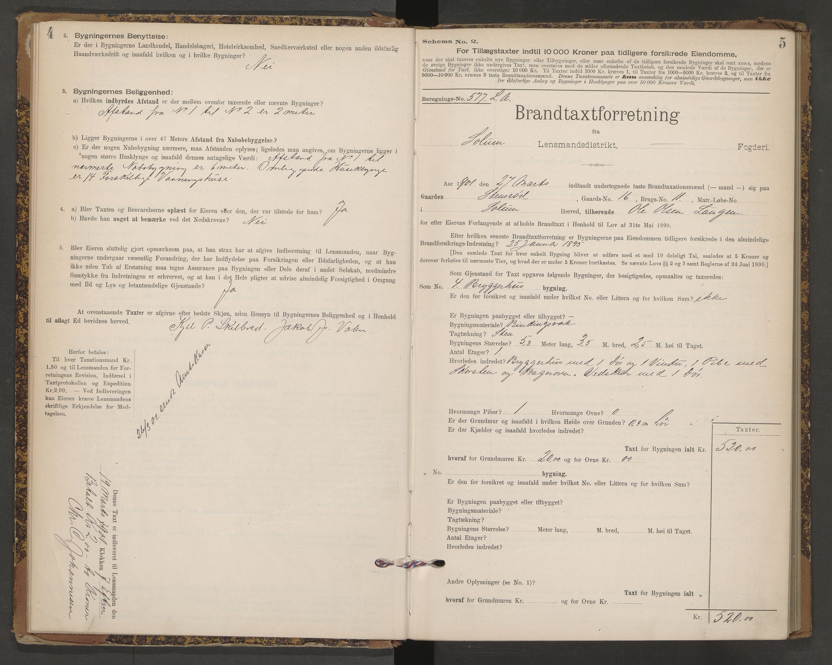 Solum lensmannskontor, AV/SAKO-A-575/Y/Yb/Ybb/L0004: Skjematakstprotokoll, 1901-1905