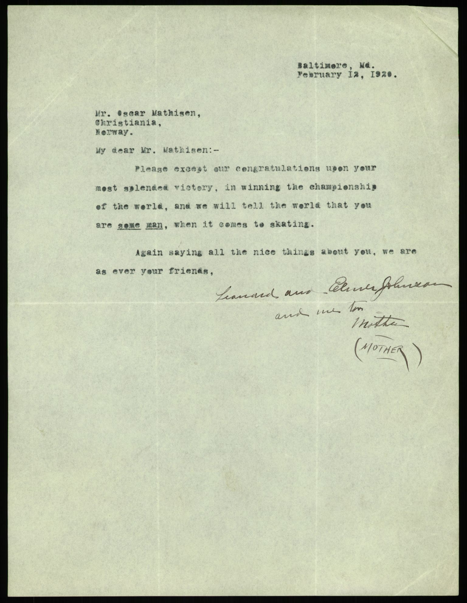 Mathisen, Oscar Wilhelm, AV/RA-PA-1912/Fa/L0001: Inngående korrespondanse, 1916-1954, s. 21