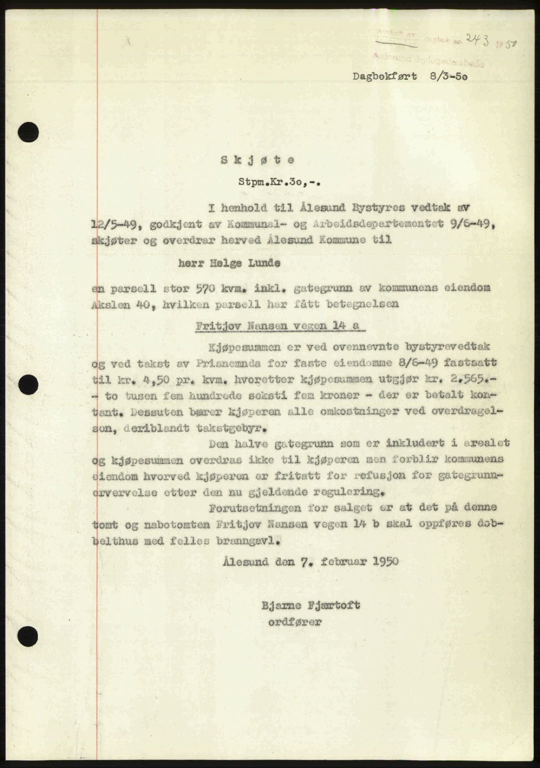 Ålesund byfogd, AV/SAT-A-4384: Pantebok nr. 37A (2), 1949-1950, Dagboknr: 243/1950