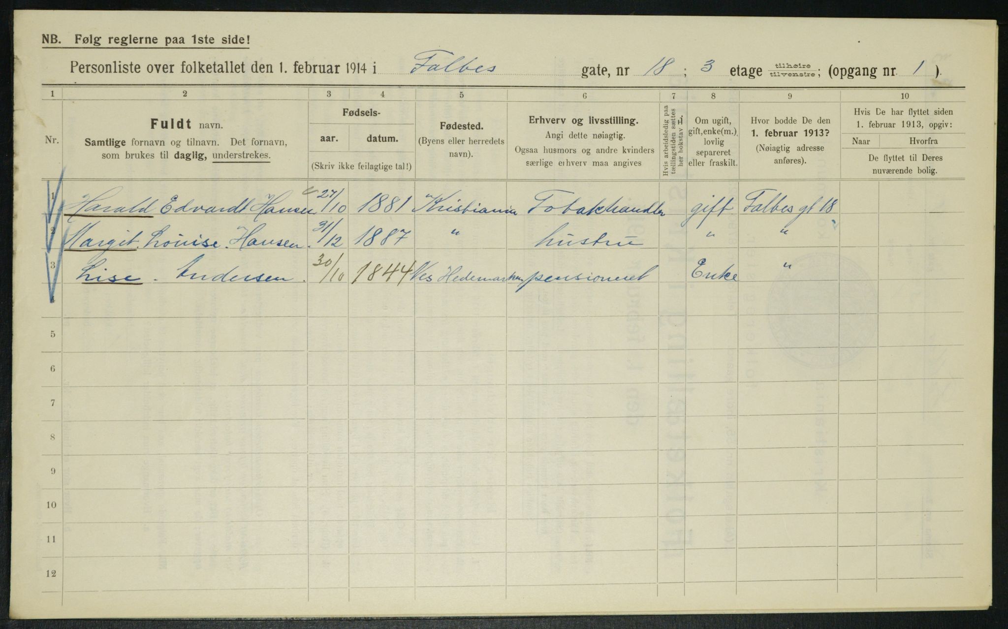 OBA, Kommunal folketelling 1.2.1914 for Kristiania, 1914, s. 23400