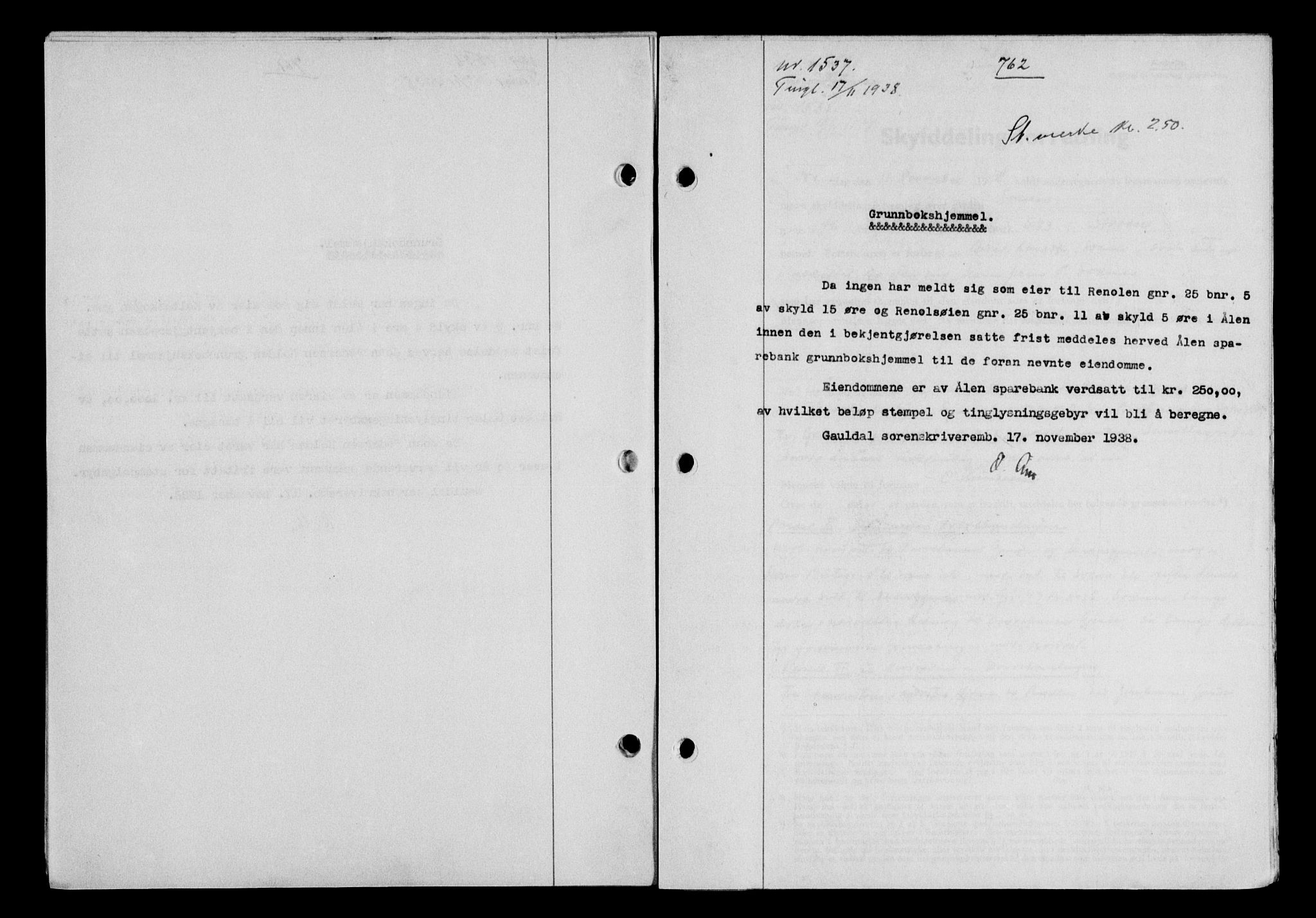 Gauldal sorenskriveri, SAT/A-0014/1/2/2C/L0049: Pantebok nr. 53, 1938-1938, Dagboknr: 1537/1938