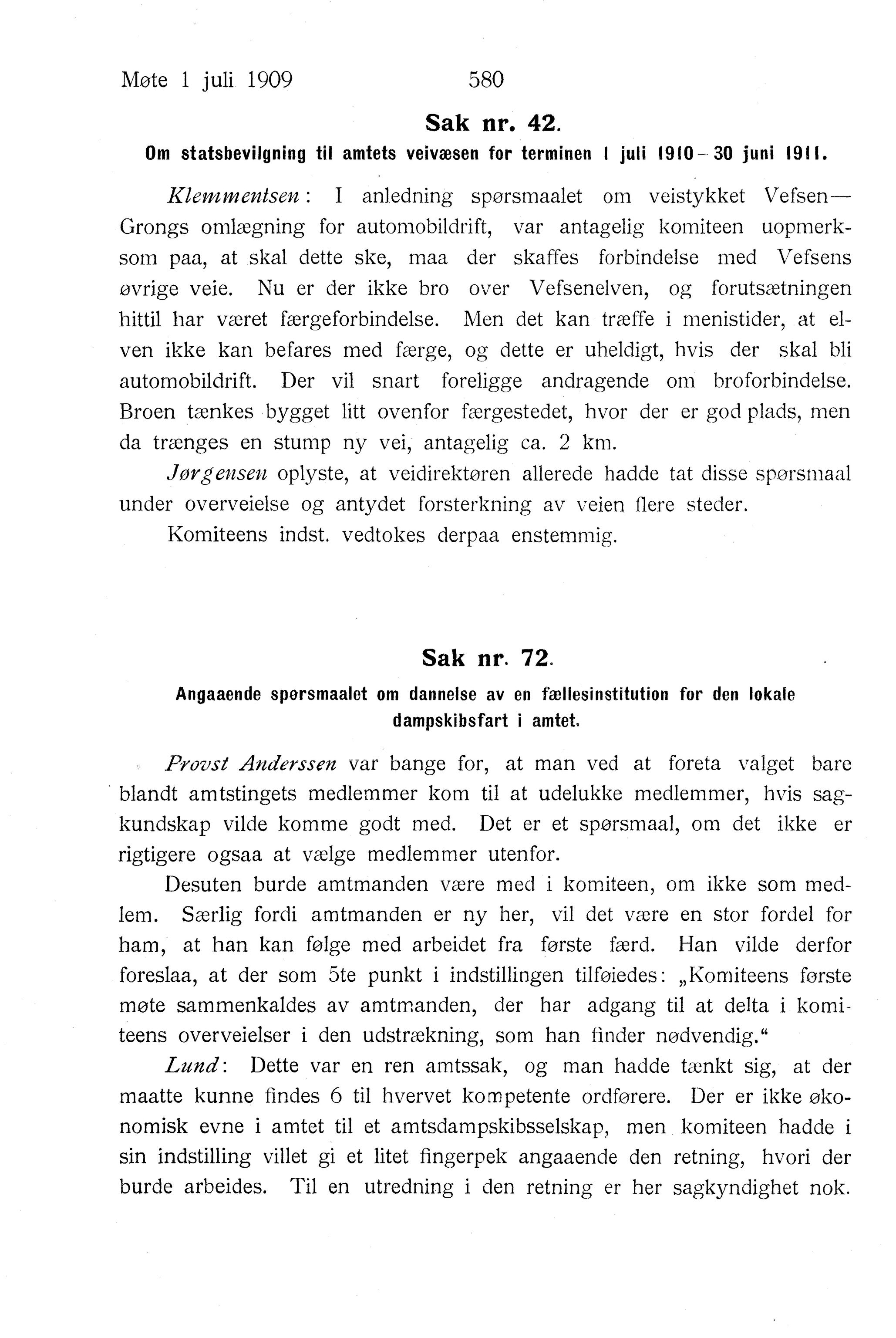 Nordland Fylkeskommune. Fylkestinget, AIN/NFK-17/176/A/Ac/L0032: Fylkestingsforhandlinger 1909, 1909