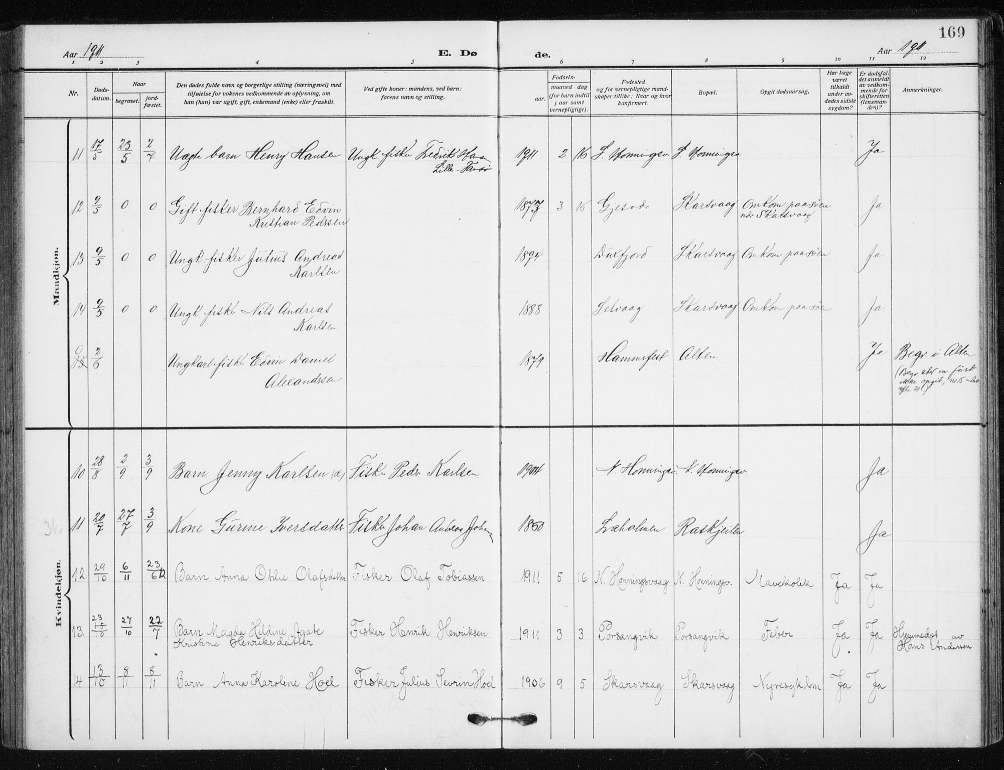 Kjelvik/Nordkapp sokneprestkontor, AV/SATØ-S-1350/H/Ha/L0001kirke: Ministerialbok nr. 1, 1911-1919, s. 169
