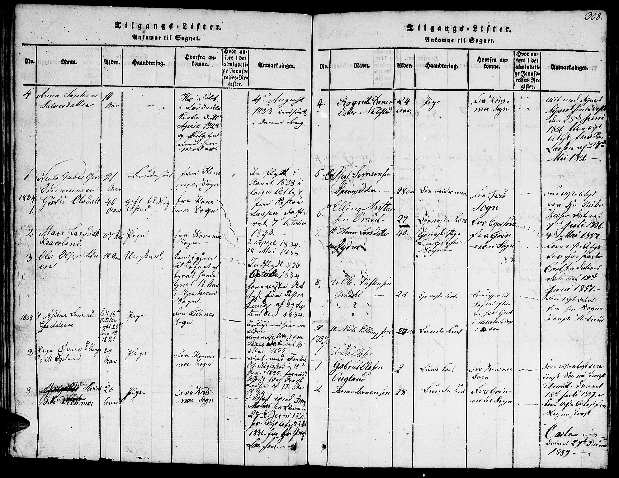 Hægebostad sokneprestkontor, AV/SAK-1111-0024/F/Fb/Fba/L0001: Klokkerbok nr. B 1, 1815-1844, s. 308