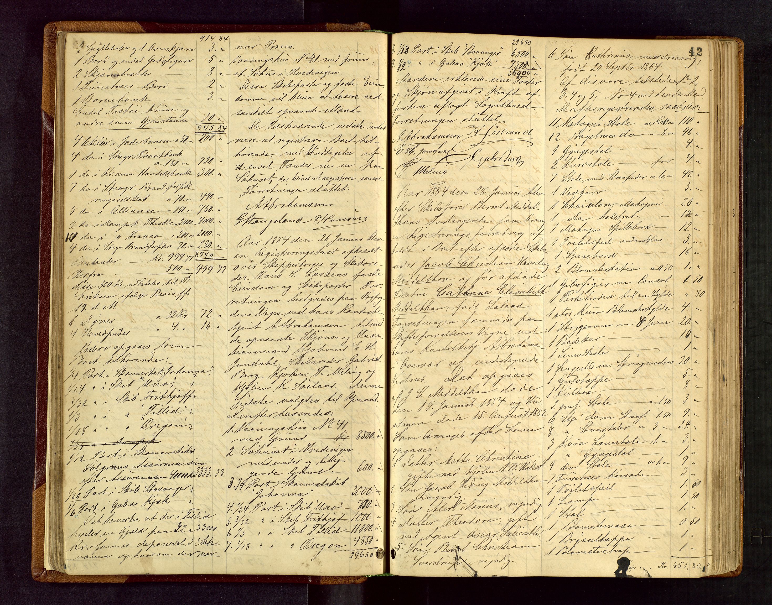 Stavanger skifteforvalter, AV/SAST-A-101412/001/5/53/533BA/L0001: Registreringsprotokoll, 1882-1902, s. 42