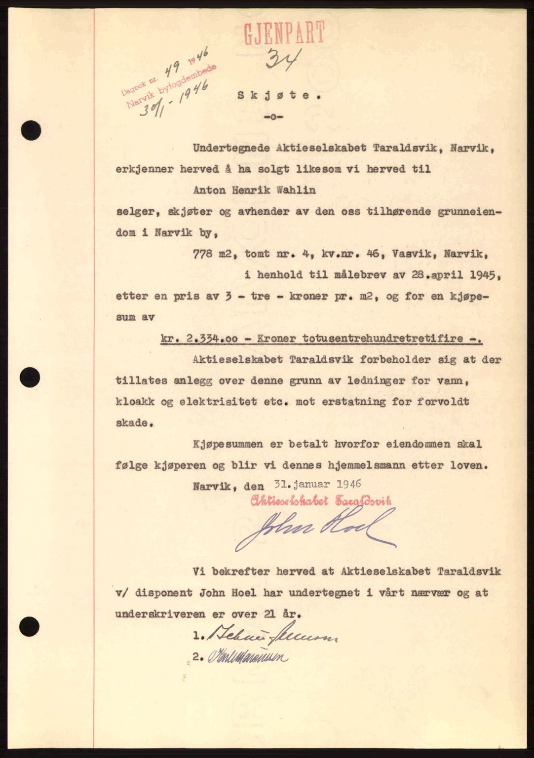 Narvik sorenskriveri, SAT/A-0002/1/2/2C/2Ca: Pantebok nr. A21, 1946-1947, Dagboknr: 49/1946