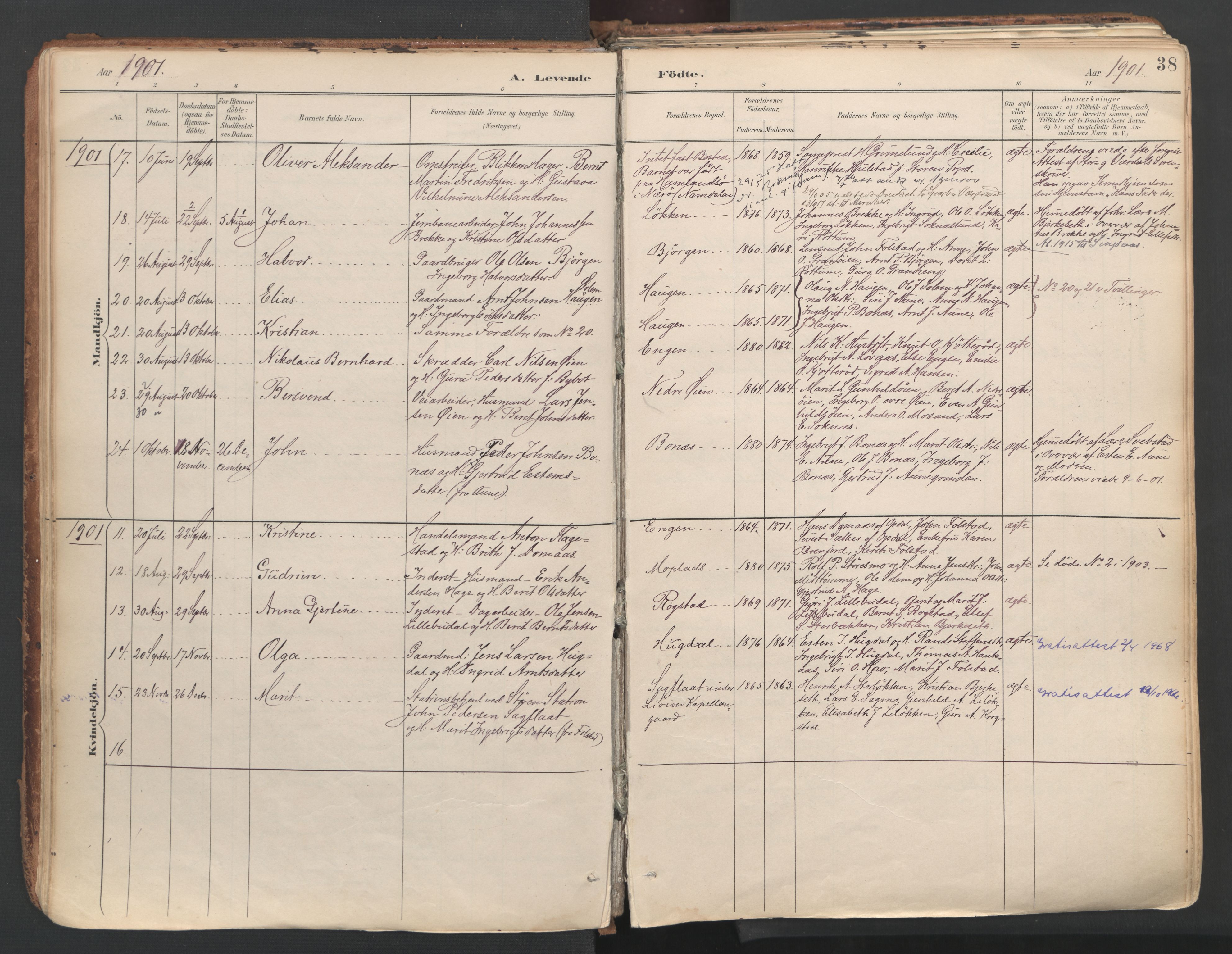Ministerialprotokoller, klokkerbøker og fødselsregistre - Sør-Trøndelag, AV/SAT-A-1456/687/L1004: Ministerialbok nr. 687A10, 1891-1923, s. 38