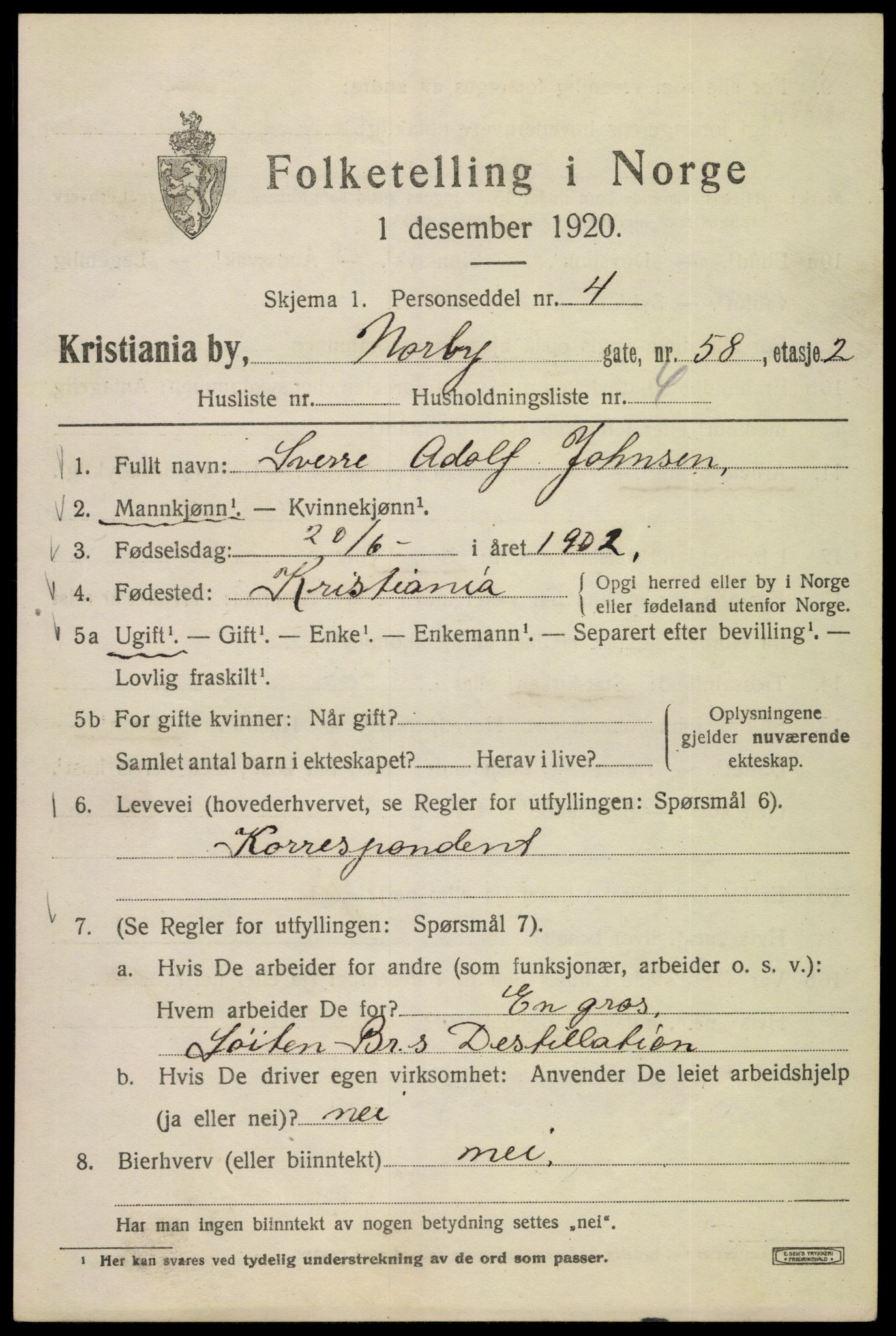SAO, Folketelling 1920 for 0301 Kristiania kjøpstad, 1920, s. 420745