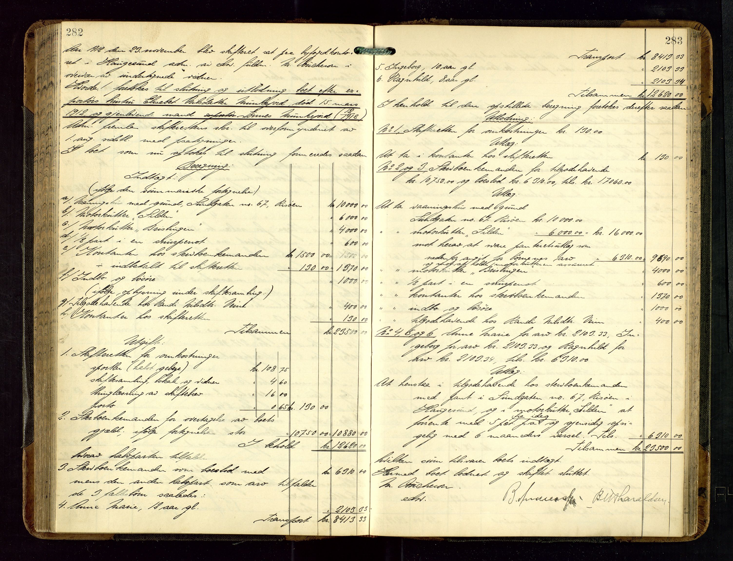 Haugesund tingrett, AV/SAST-A-101415/01/IV/IVD/L0002: Skifteutlodningsprotokoll, med register, 1904-1915, s. 282-283