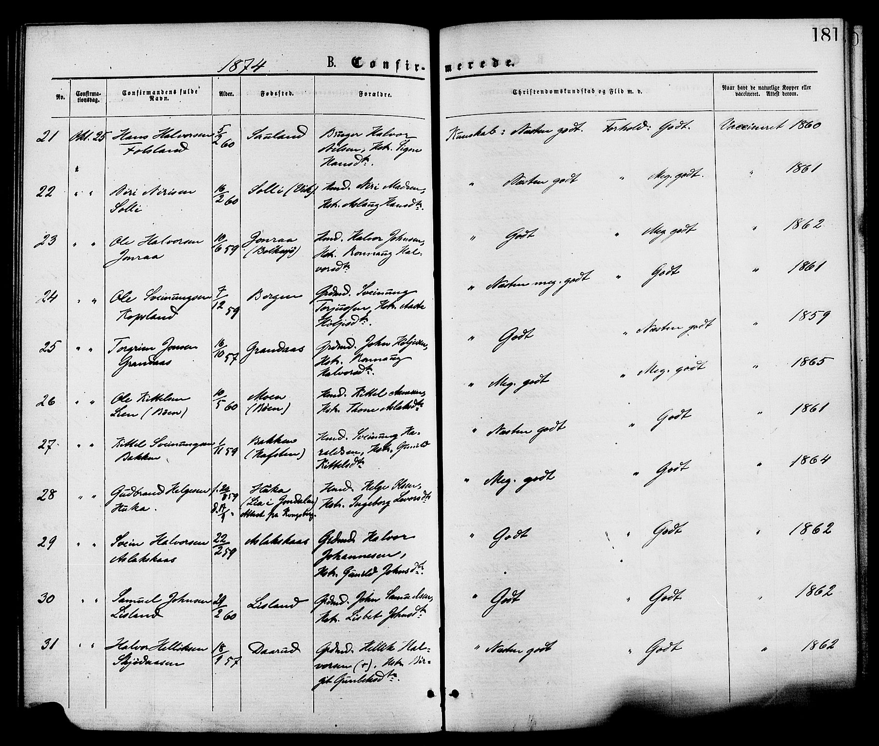 Gransherad kirkebøker, AV/SAKO-A-267/F/Fa/L0004: Ministerialbok nr. I 4, 1871-1886, s. 181