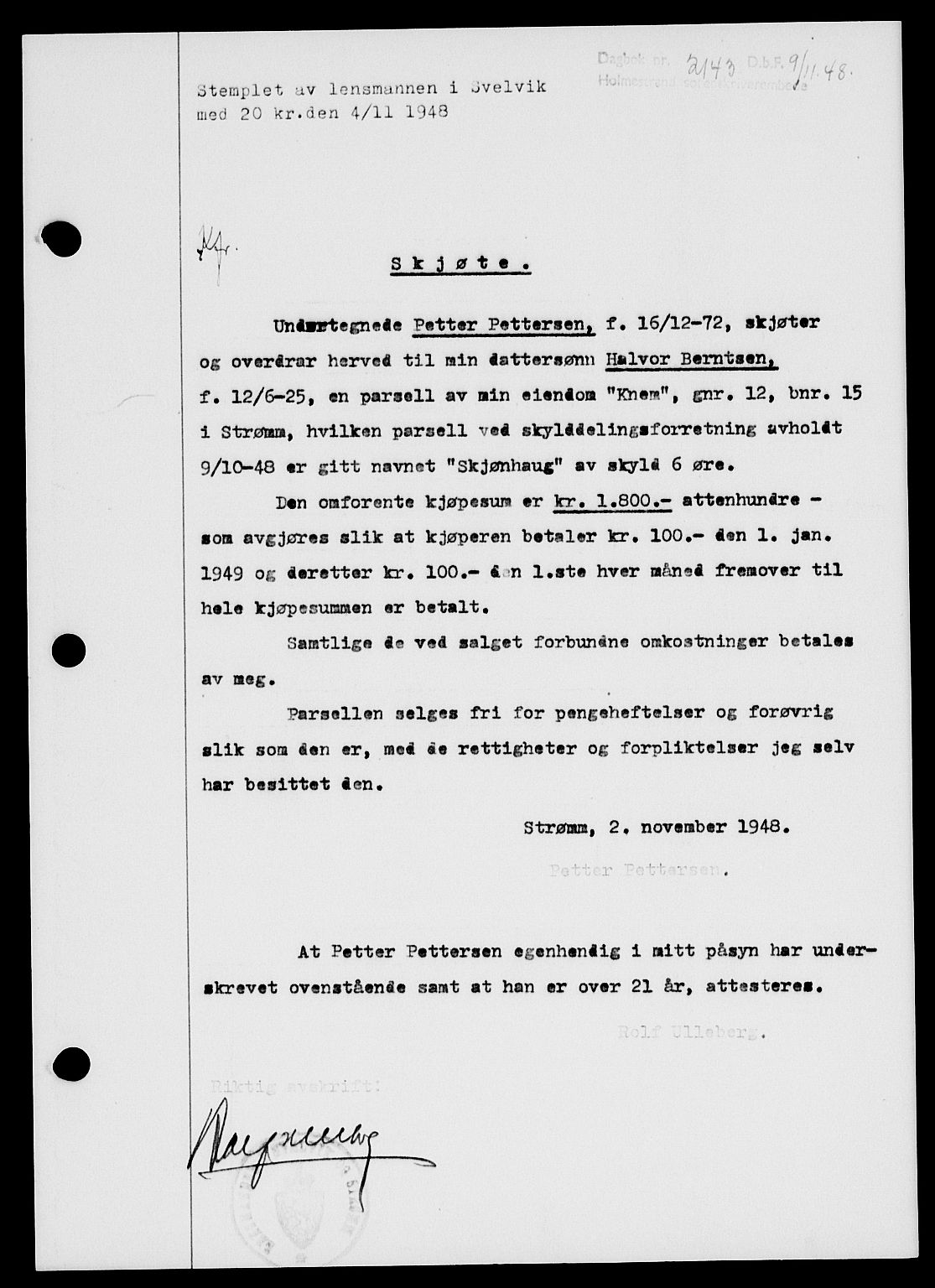 Holmestrand sorenskriveri, SAKO/A-67/G/Ga/Gaa/L0065: Pantebok nr. A-65, 1948-1949, Dagboknr: 2143/1948
