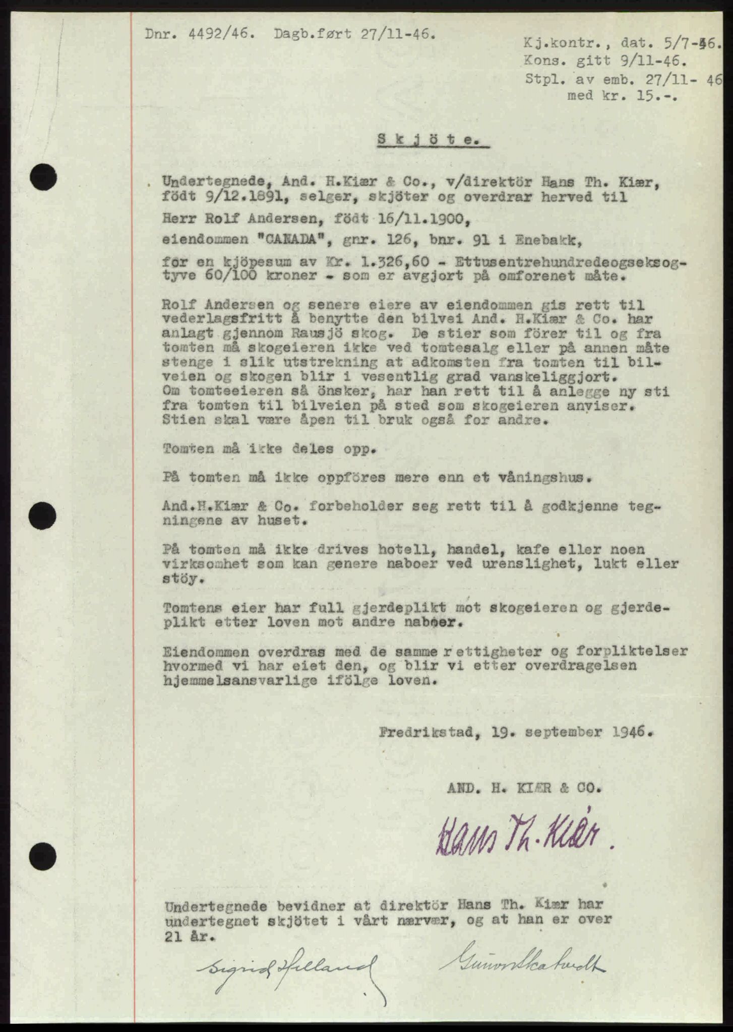 Nedre Romerike sorenskriveri, AV/SAO-A-10469/G/Gb/Gbd/L0017: Pantebok nr. 17, 1946-1946, Dagboknr: 4492/1946