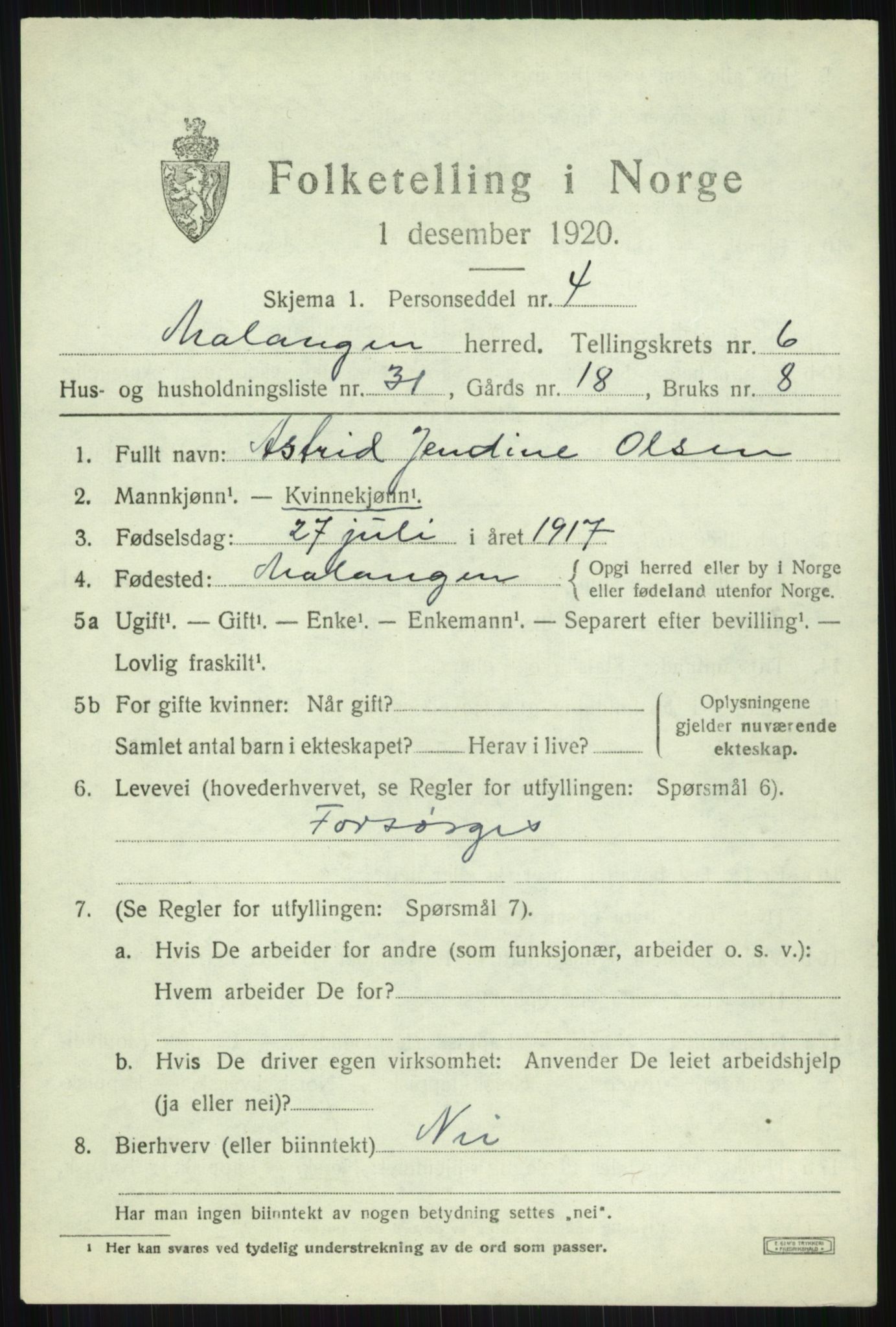 SATØ, Folketelling 1920 for 1932 Malangen herred, 1920, s. 2762