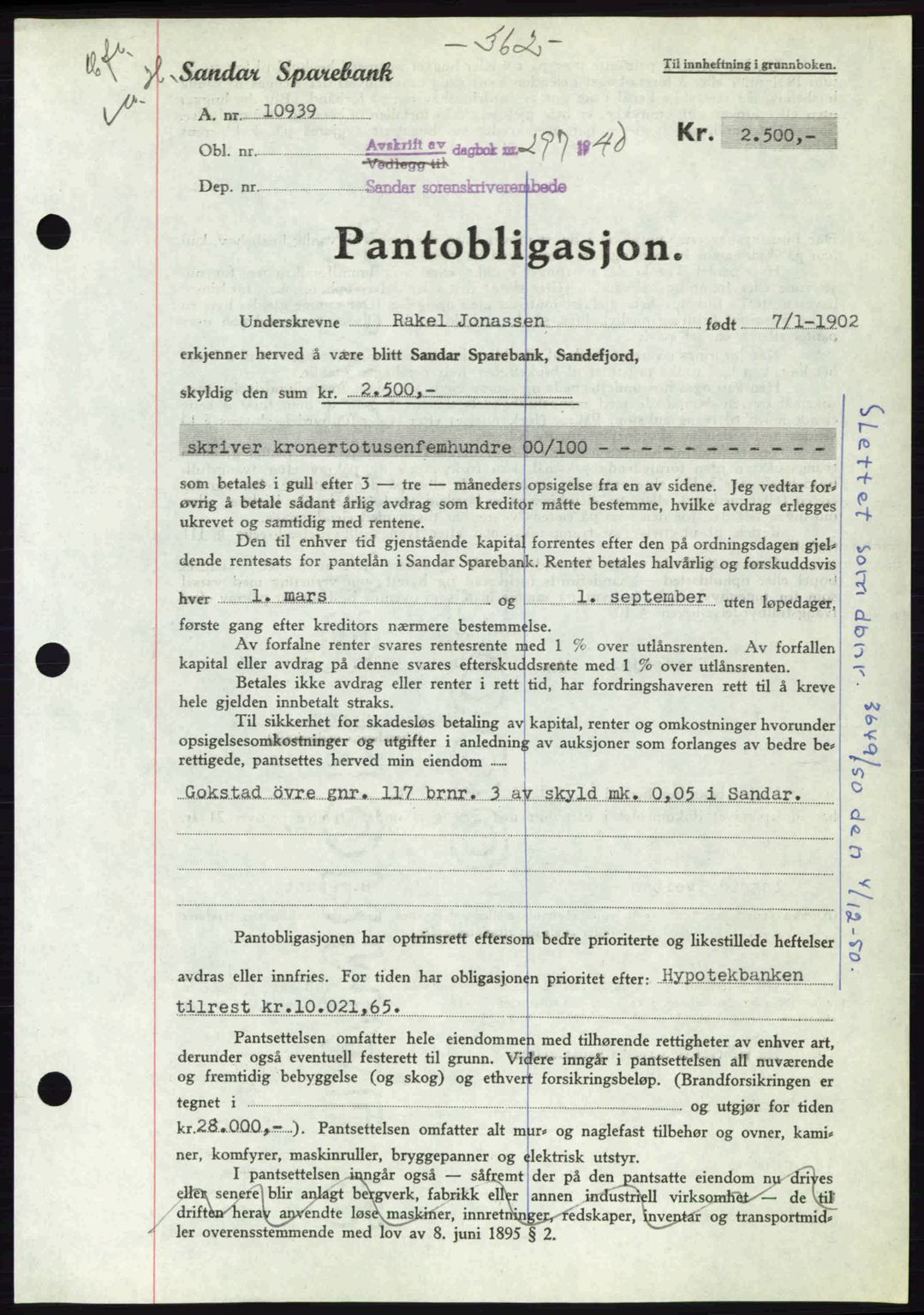 Sandar sorenskriveri, SAKO/A-86/G/Ga/Gab/L0001: Pantebok nr. B-1 og B-3 - B-9, 1936-1944, Dagboknr: 297/1940