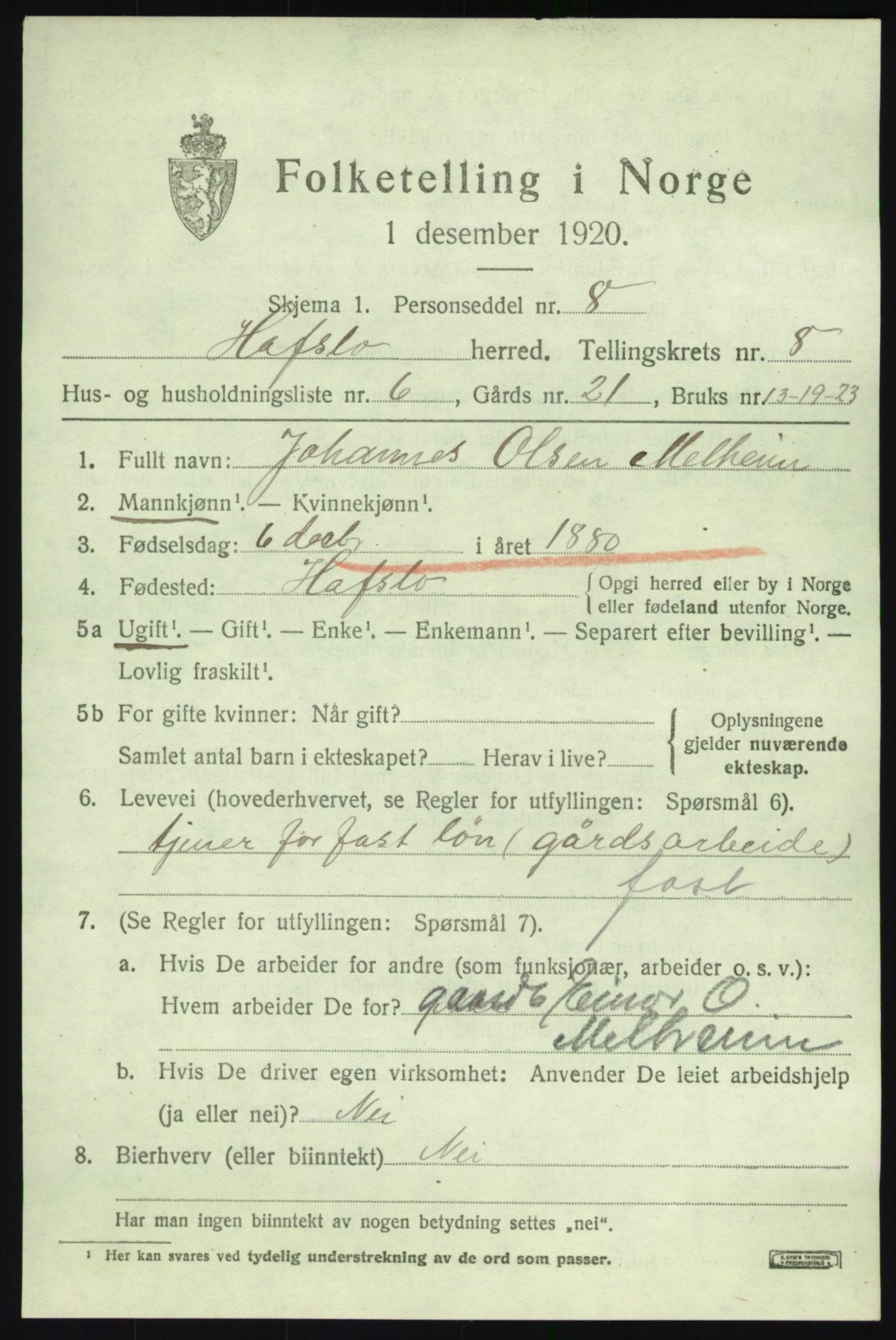 SAB, Folketelling 1920 for 1425 Hafslo herred, 1920, s. 5728