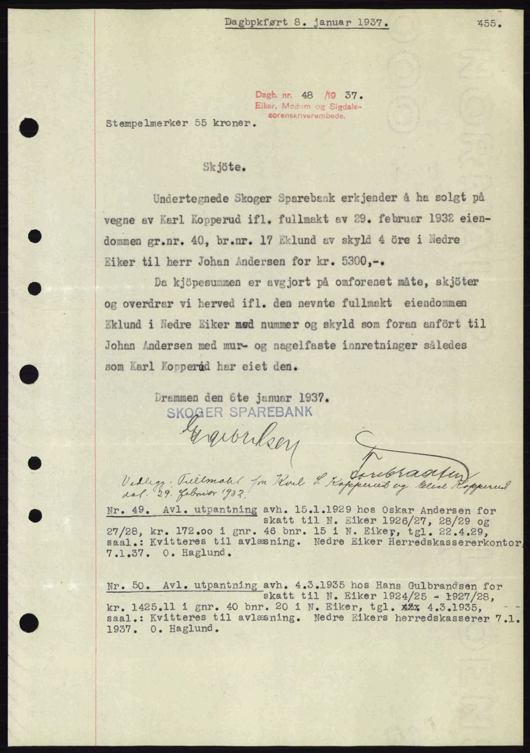 Eiker, Modum og Sigdal sorenskriveri, SAKO/A-123/G/Ga/Gab/L0034: Pantebok nr. A4, 1936-1937, Dagboknr: 48/1937