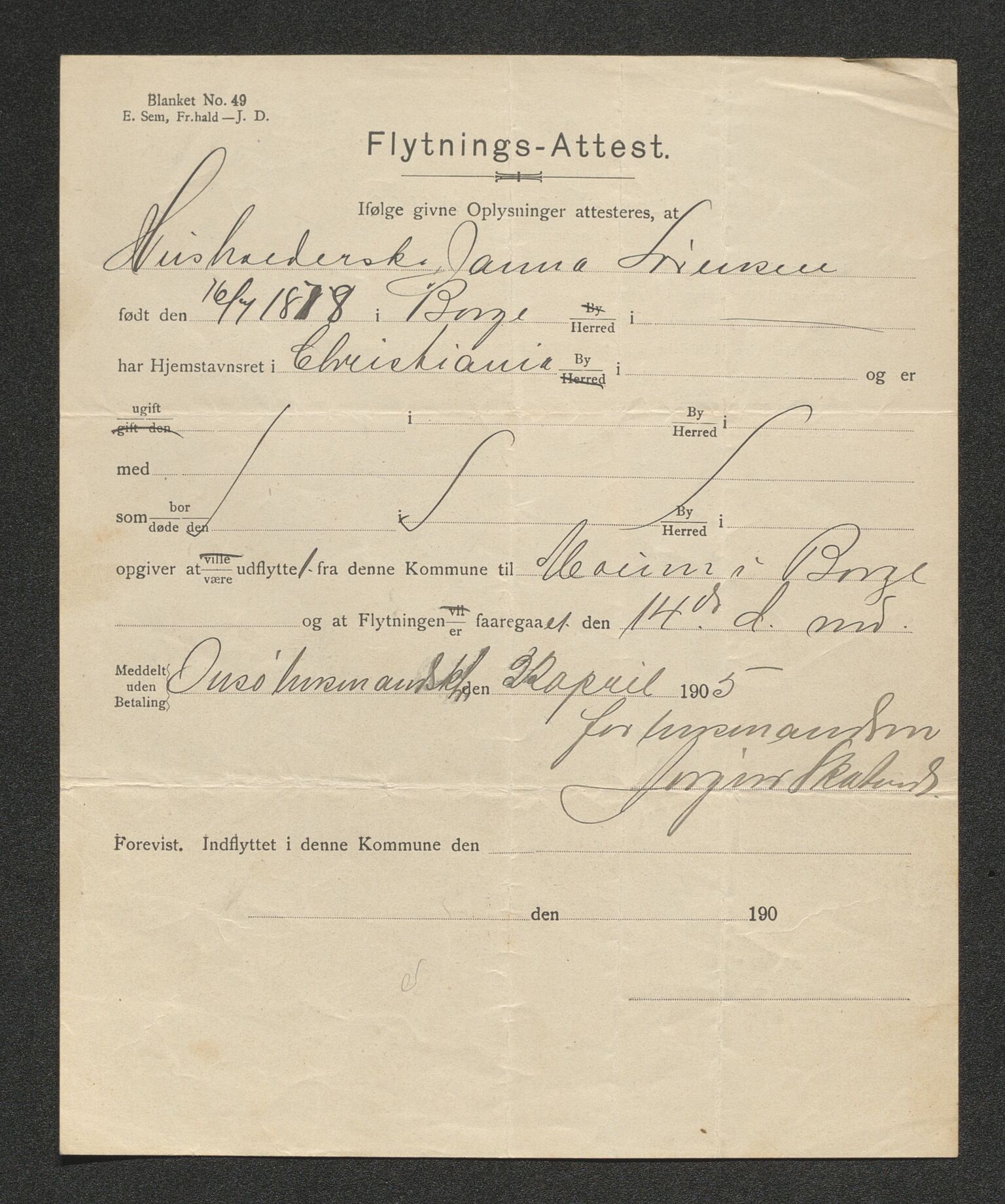 Borge lensmannskontor (Østfold), AV/SAO-A-10176/I/Ia/L0004: Protokoll over inn- og utflyttede i Borge fattigkommune, 1904-1914