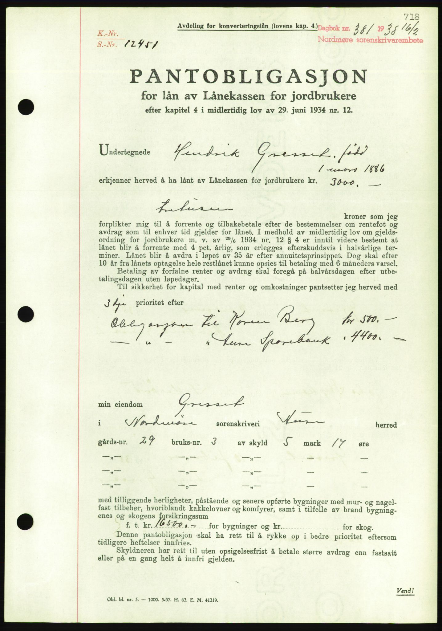 Nordmøre sorenskriveri, AV/SAT-A-4132/1/2/2Ca/L0092: Pantebok nr. B82, 1937-1938, Dagboknr: 381/1938