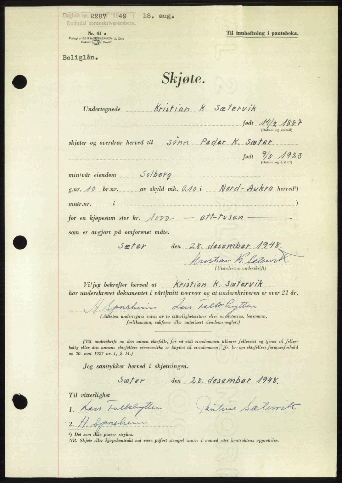 Romsdal sorenskriveri, AV/SAT-A-4149/1/2/2C: Pantebok nr. A30, 1949-1949, Dagboknr: 2287/1949